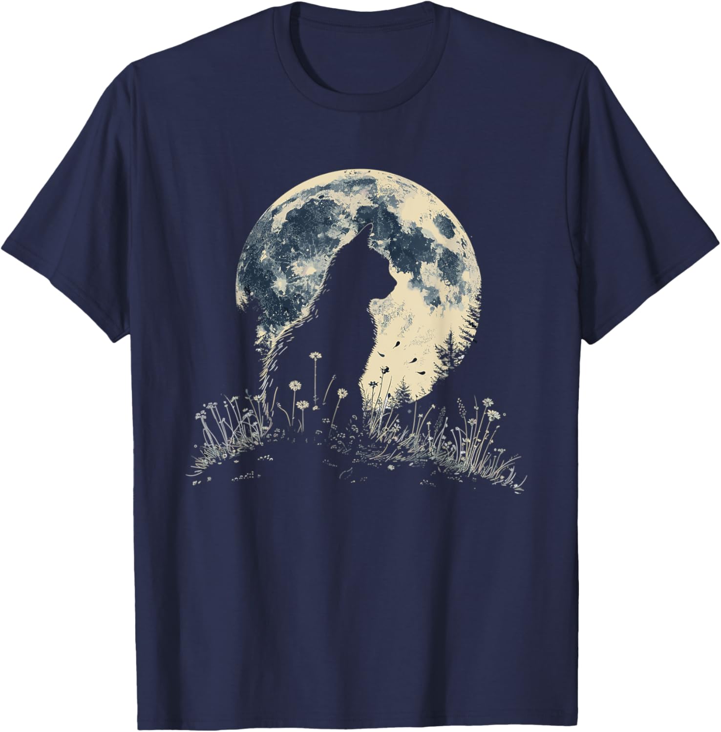 Cat Full Moon Floral Kitten Flowers Cats Halloween T-Shirt