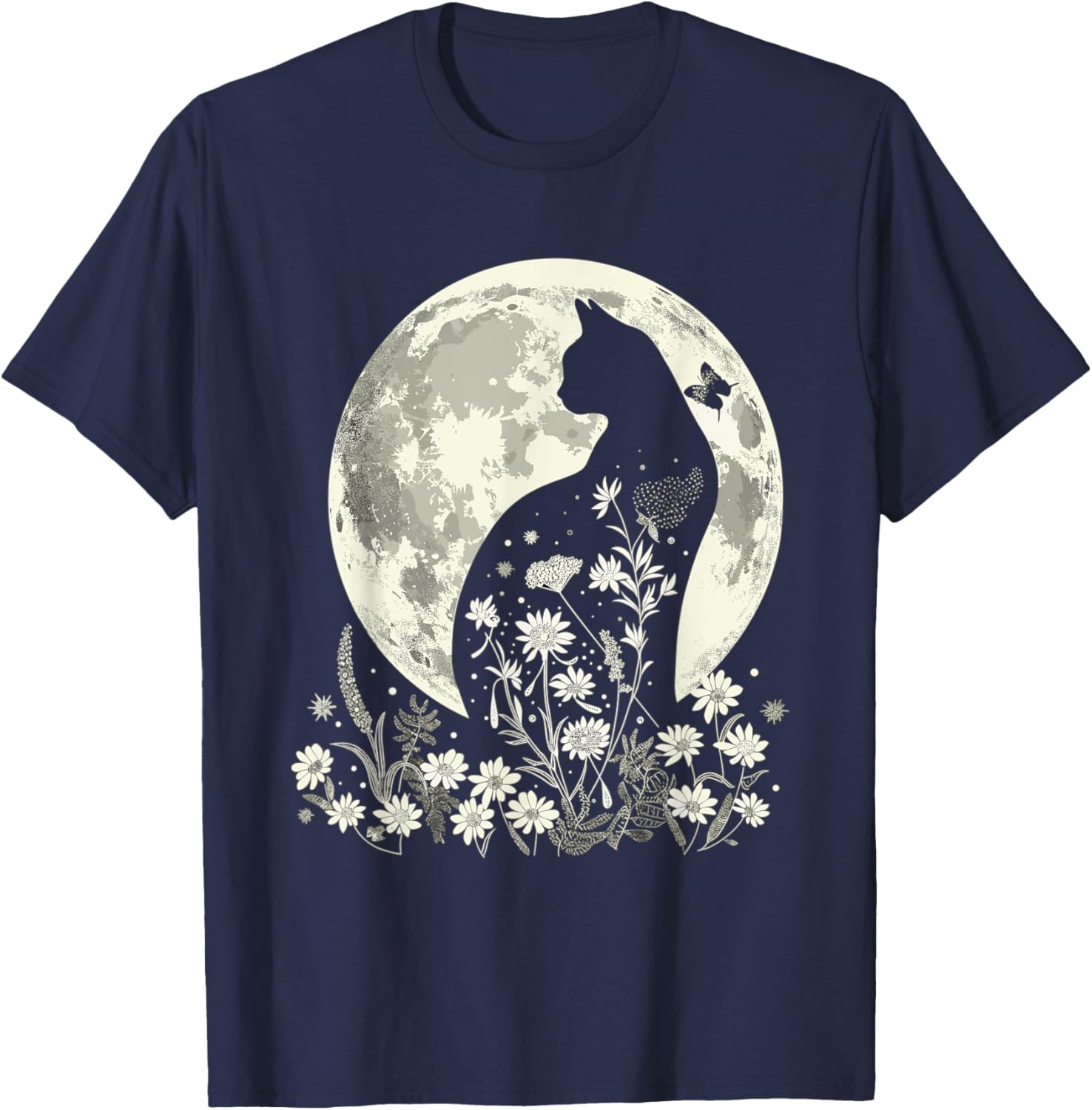 Cat Full Moon Floral Kitten Flowers Cats Halloween T-Shirt