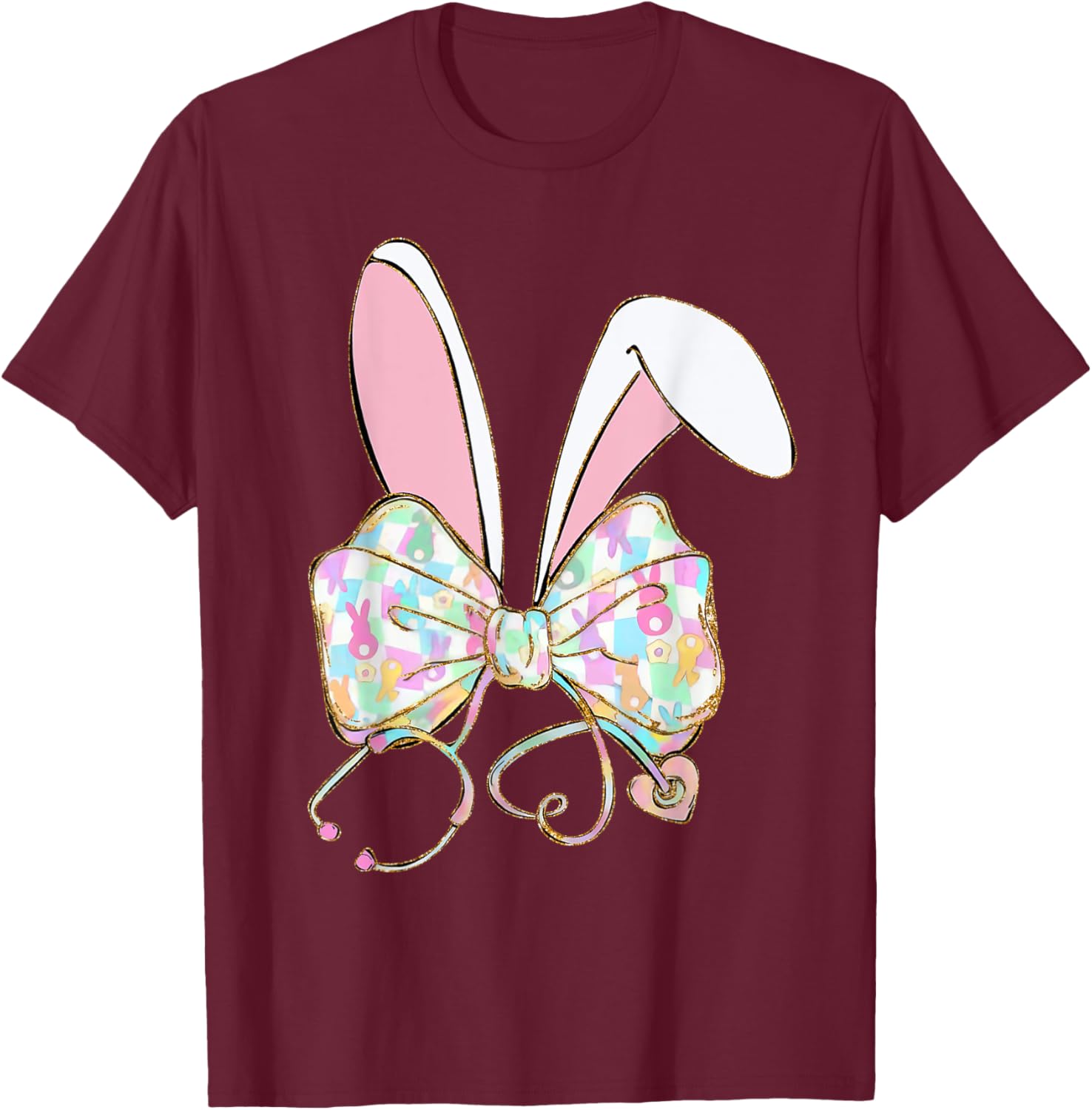 Coquette Bow Stethoscope Nurse Happy Easter Bunny Rabbit T-Shirt