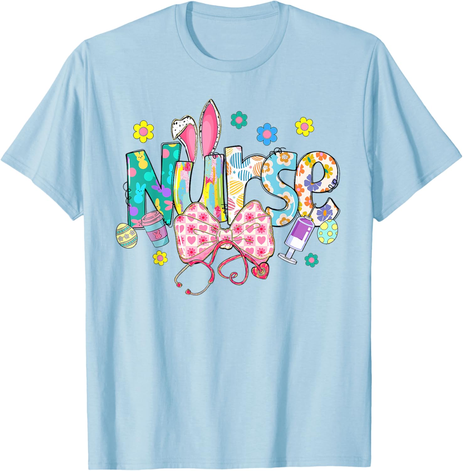 Coquette Bow Stethoscope Nurse Happy Easter Day Bunny Ears T-Shirt