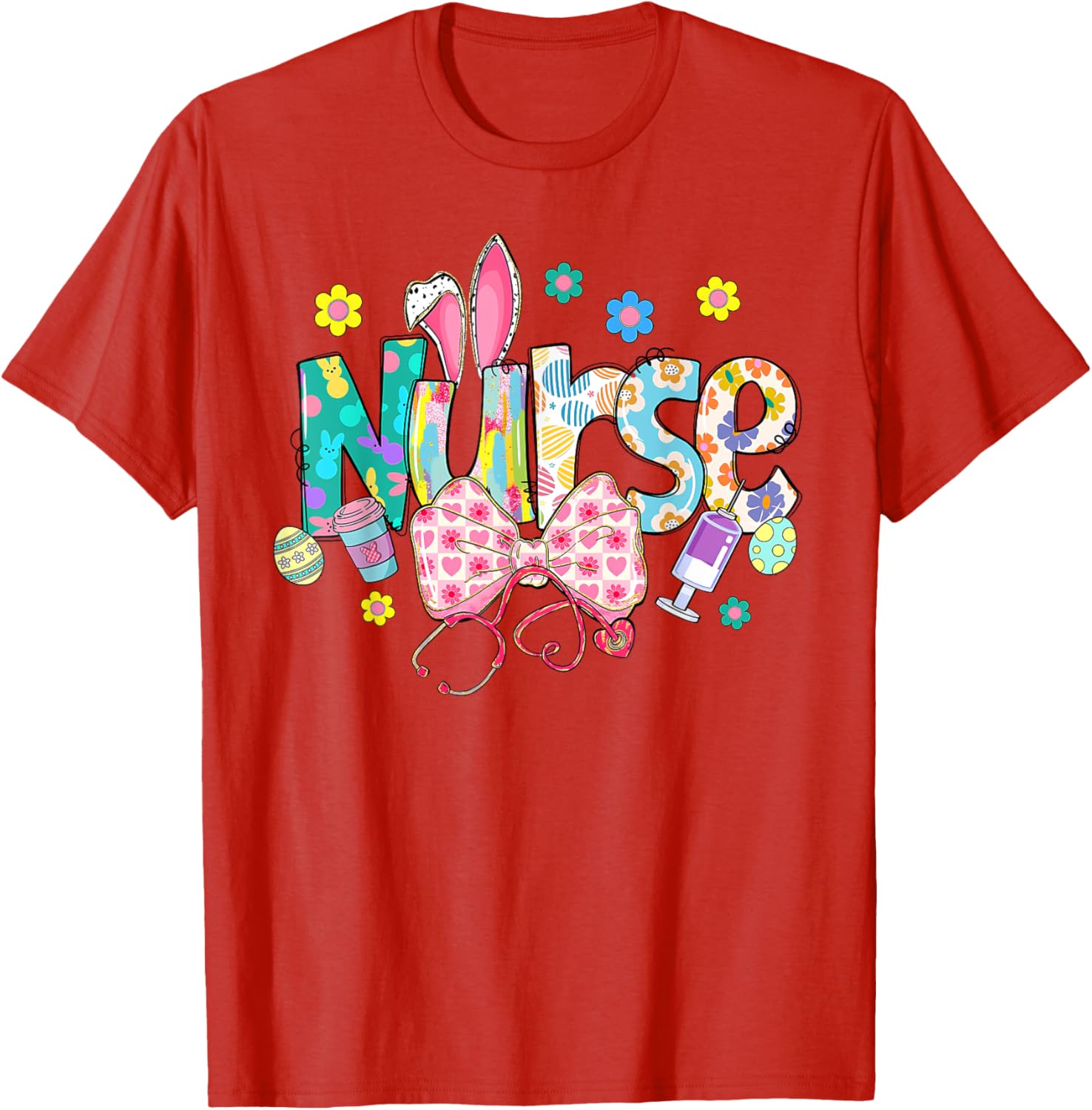 Coquette Bow Stethoscope Nurse Happy Easter Day Bunny Ears T-Shirt