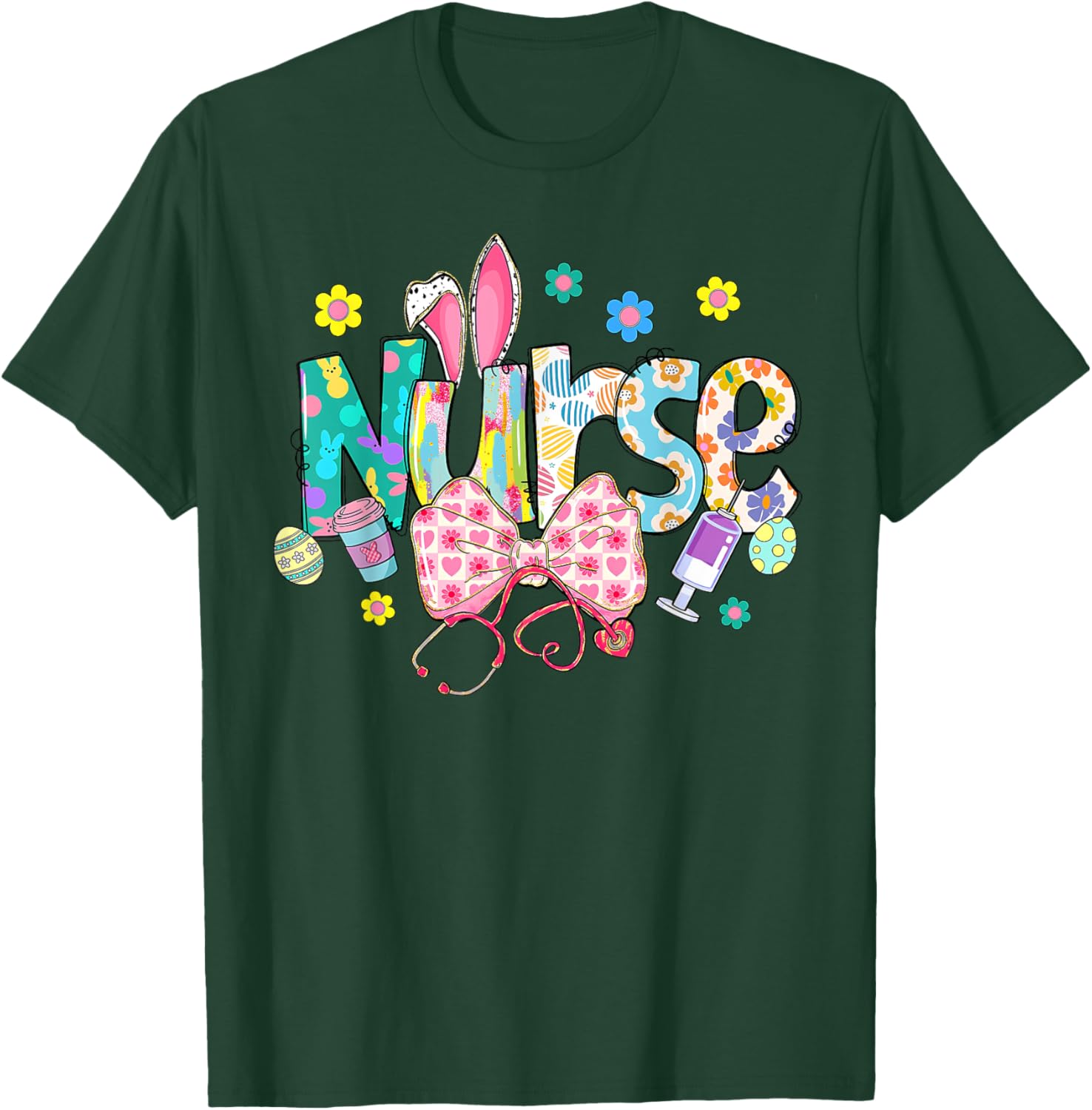 Coquette Bow Stethoscope Nurse Happy Easter Day Bunny Ears T-Shirt