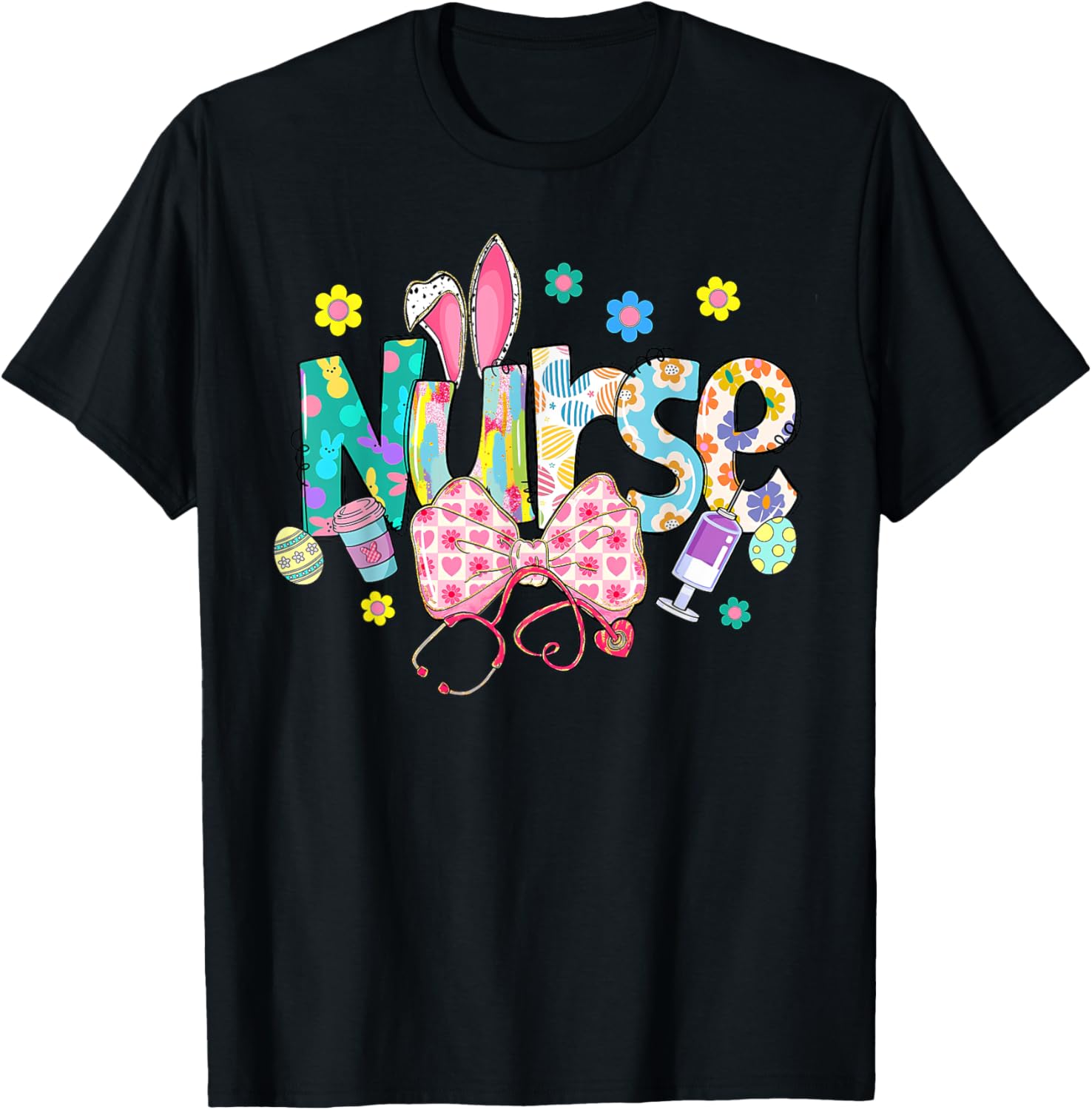 Coquette Bow Stethoscope Nurse Happy Easter Day Bunny Ears T-Shirt