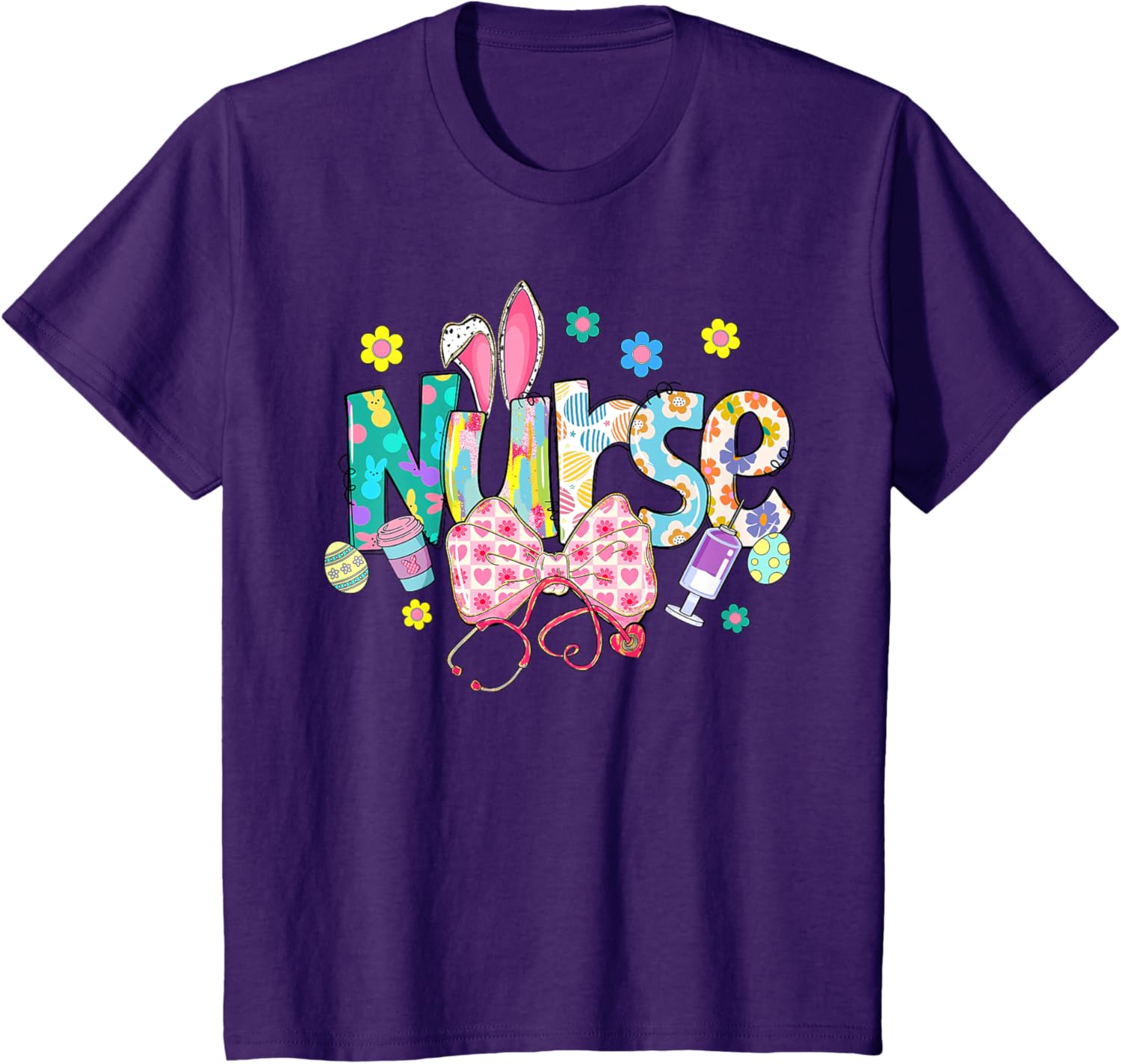 Coquette Bow Stethoscope Nurse Happy Easter Day Bunny Ears T-Shirt