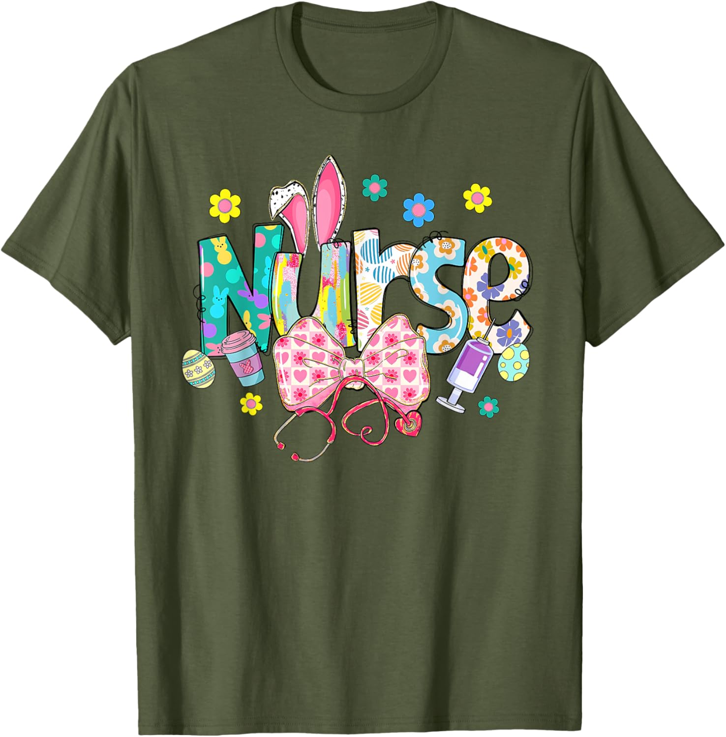 Coquette Bow Stethoscope Nurse Happy Easter Day Bunny Ears T-Shirt