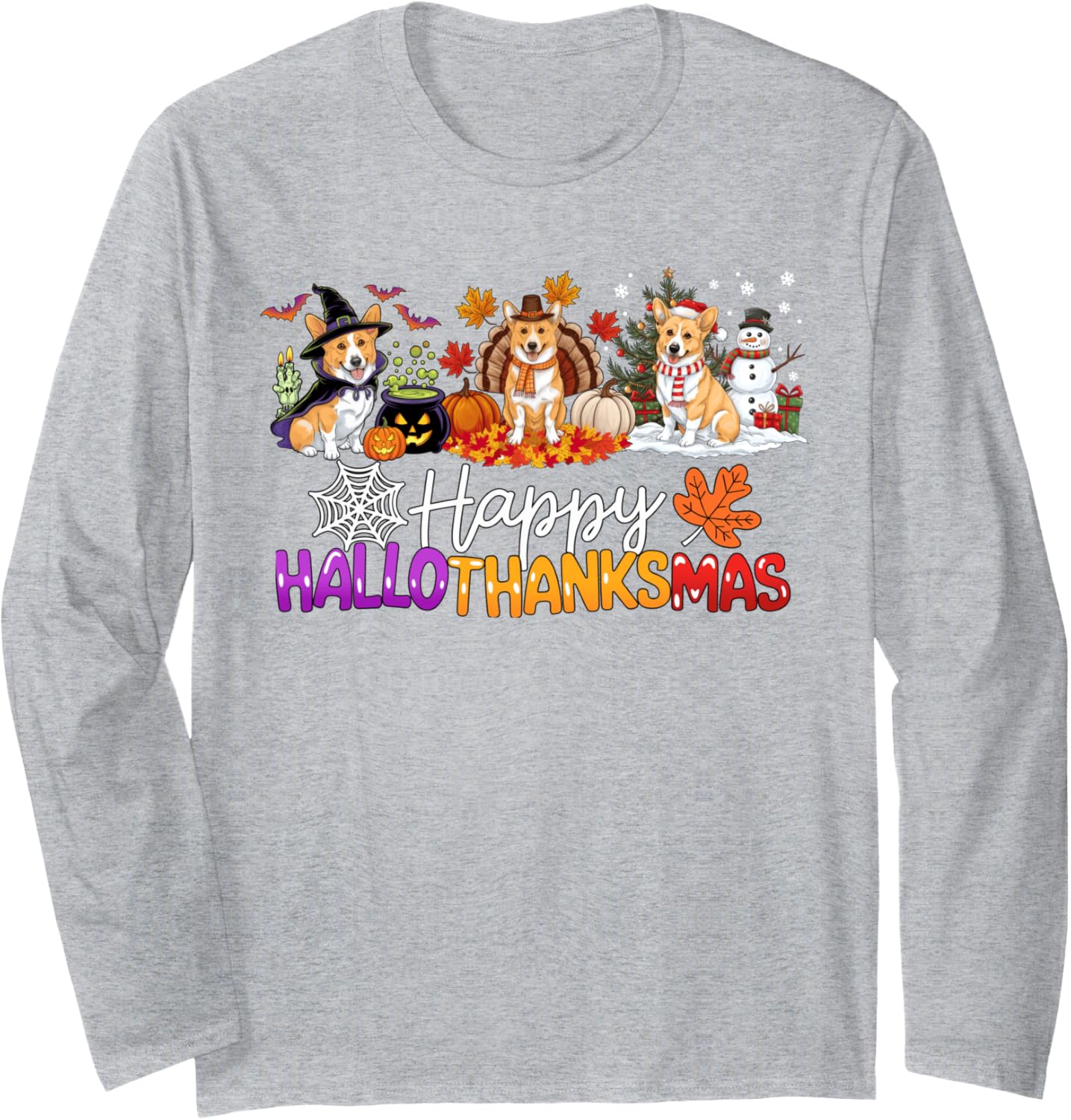 Corgi HalloThanksMas Funny Corgis Dog Christmas Thanksgiving Long Sleeve T-Shirt