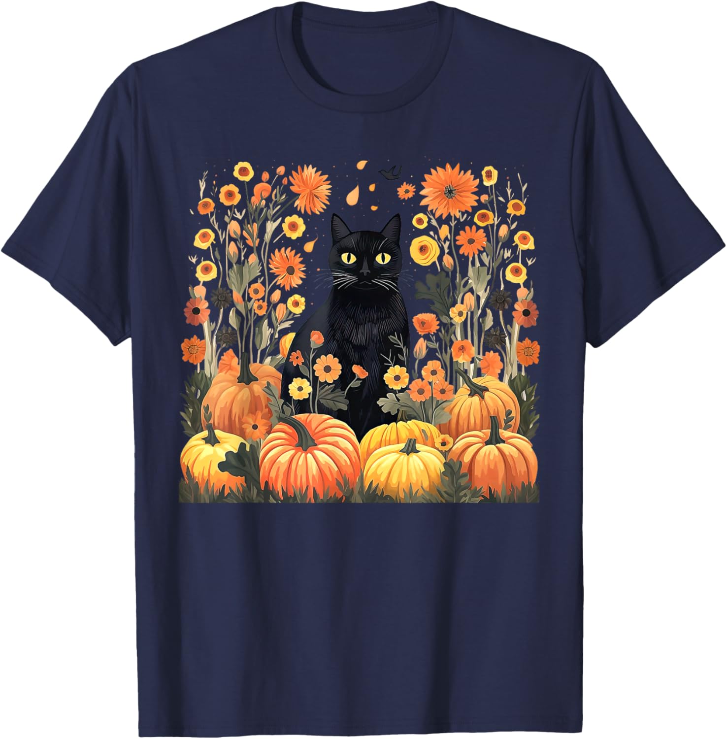 Cottagecore Floral Black Cat Pumpkins Fall Autumn Halloween T-Shirt