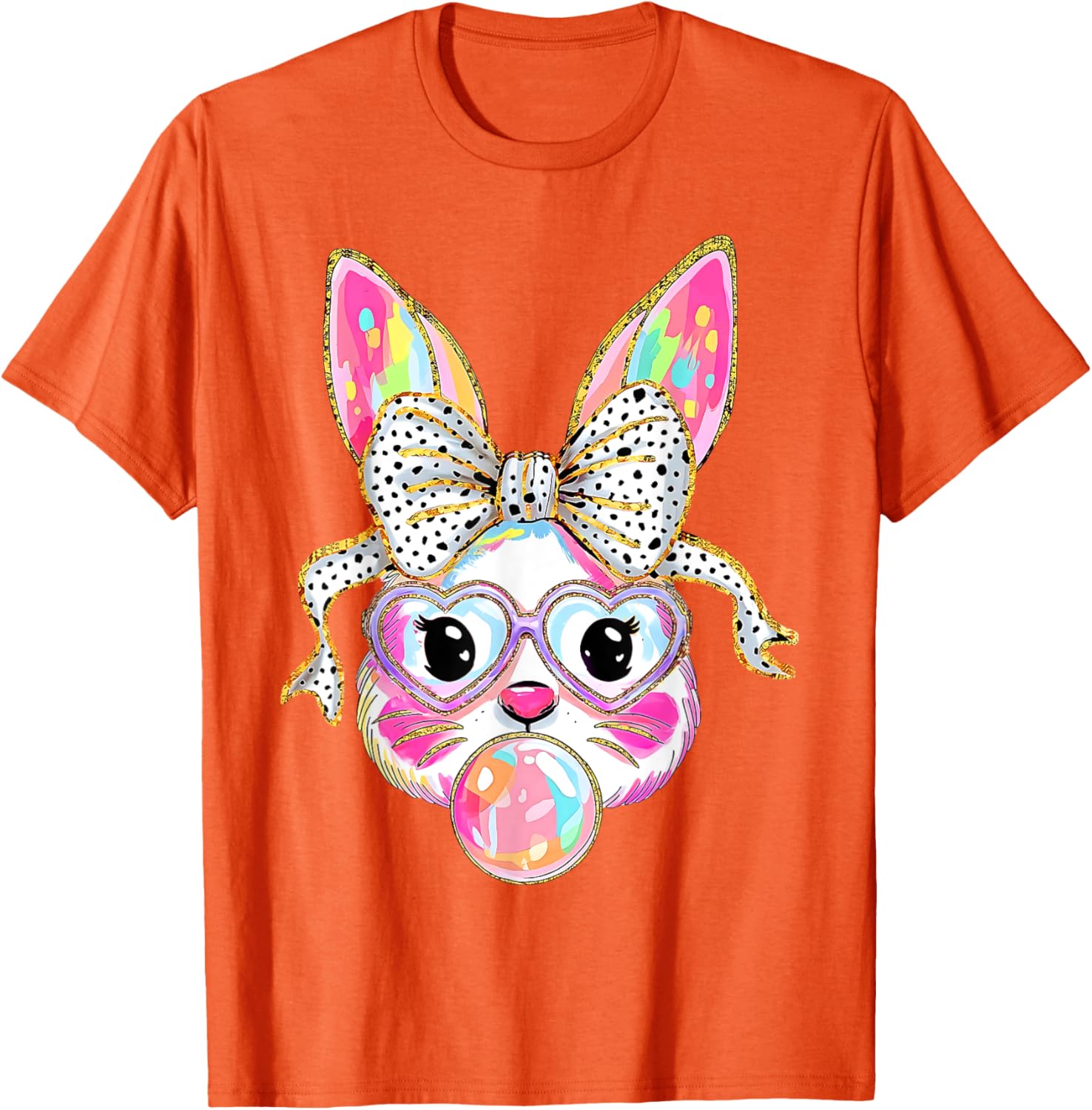 Cute Bunny Coquette Bow Glasses Bubble Gum Easter Day Girls T-Shirt