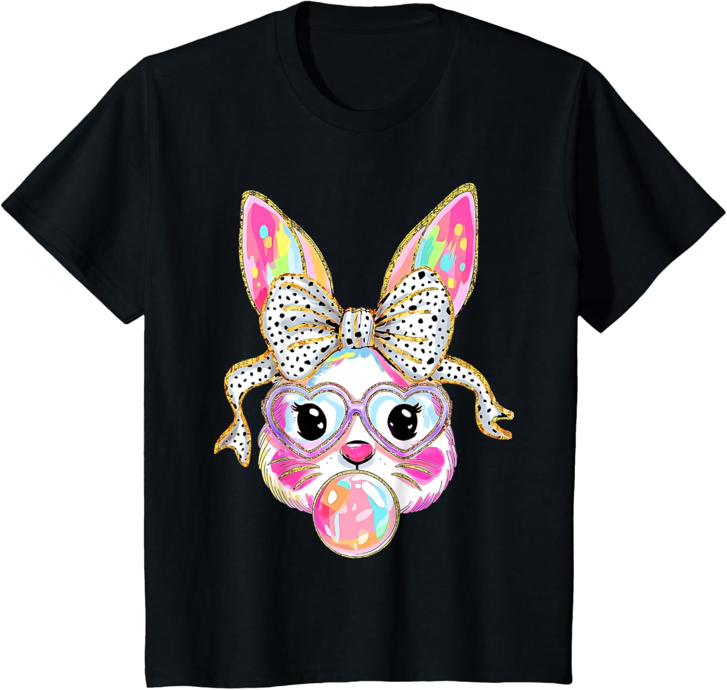 Cute Bunny Coquette Bow Glasses Bubble Gum Easter Day Girls T-Shirt