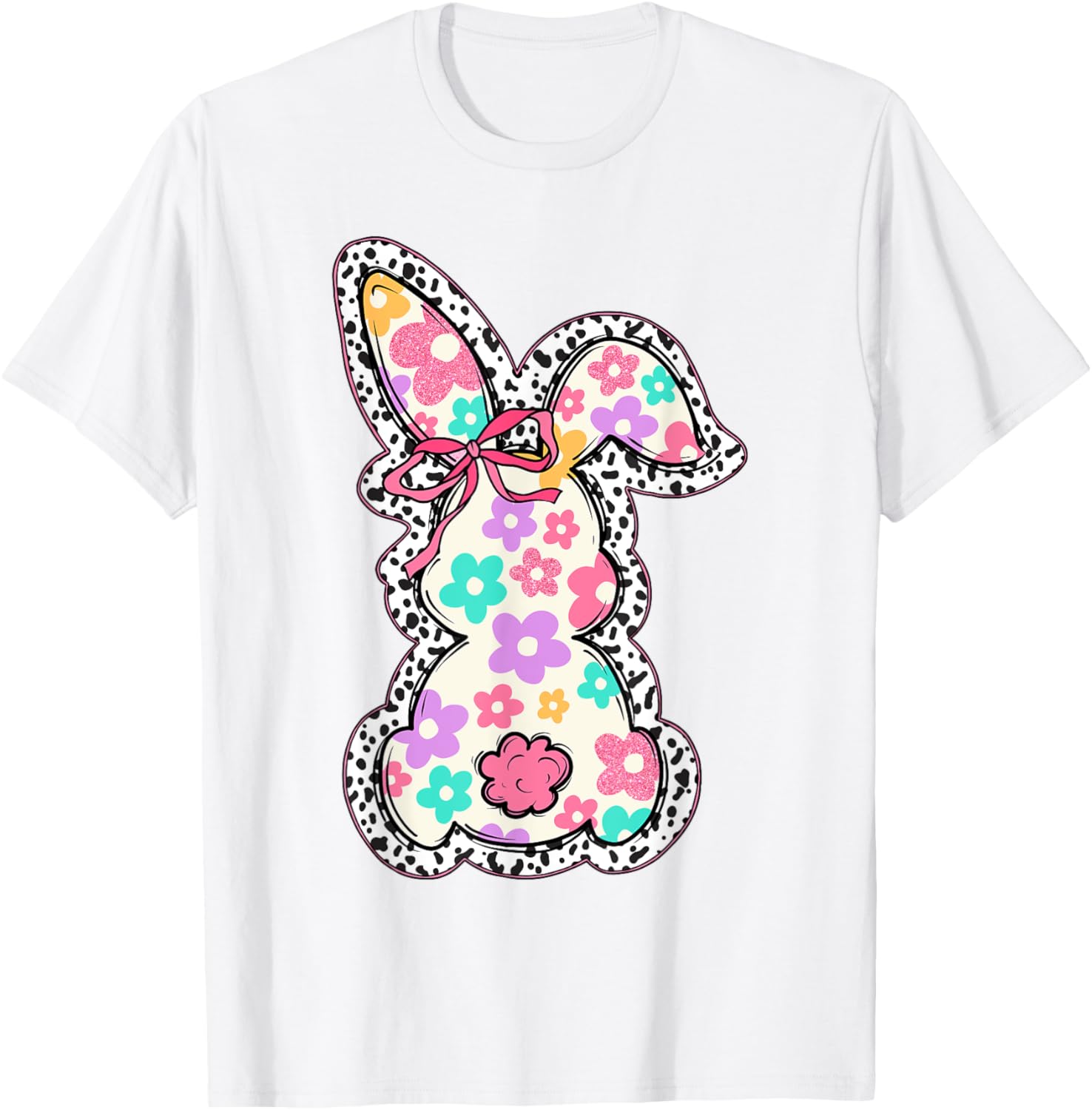 Cute Bunny Rabbit Coquette Bow Floral Girl Happy Easter Day T-Shirt