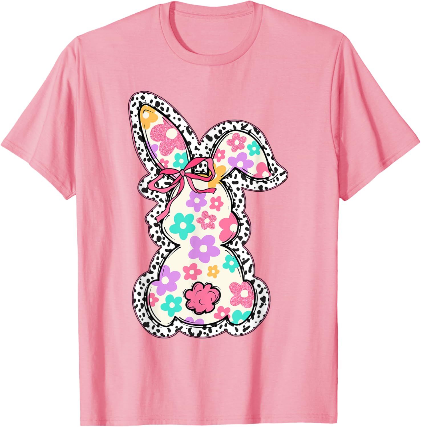 Cute Bunny Rabbit Coquette Bow Floral Girl Happy Easter Day T-Shirt