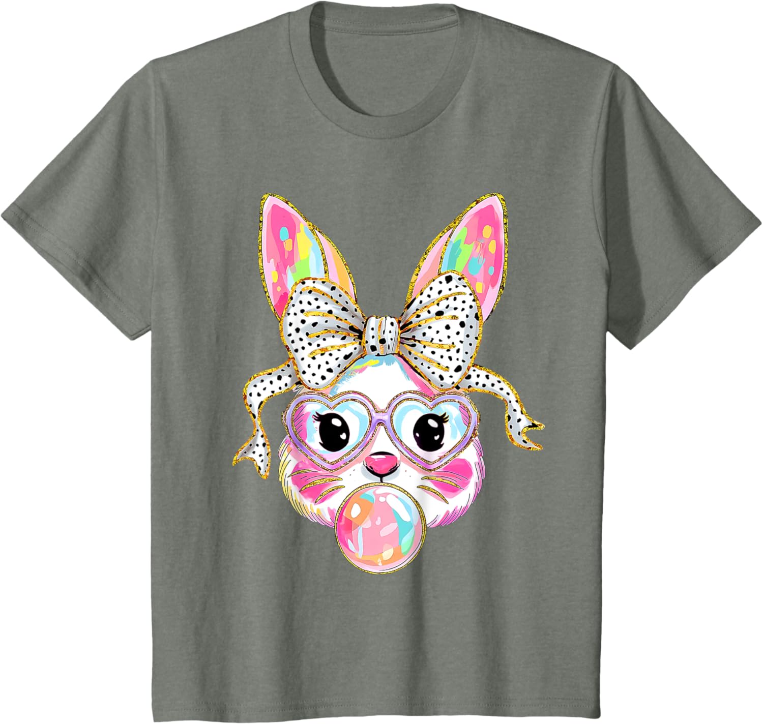 Cute Bunny Rabbit Face Coquette Bow Dot Happy Easter Day T-Shirt