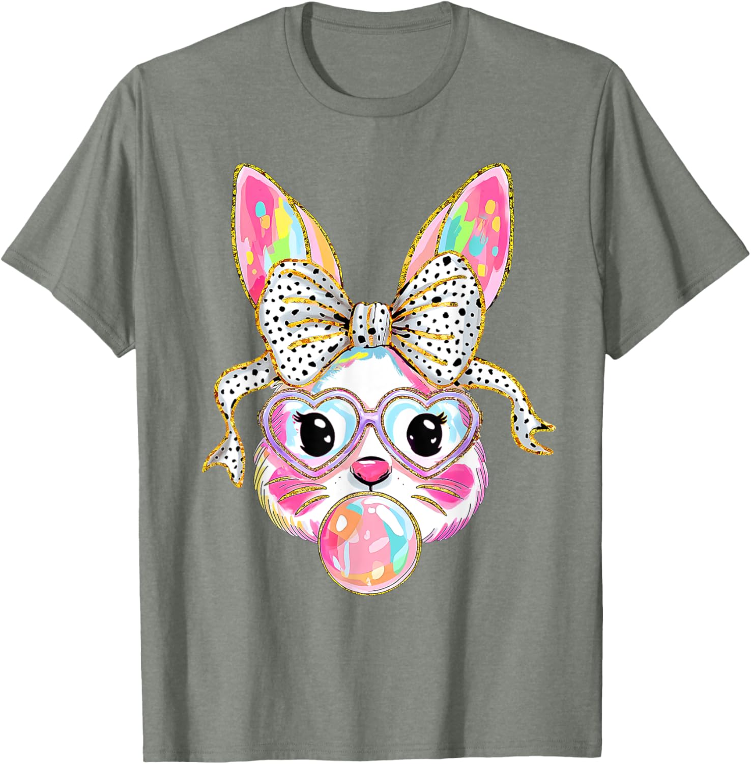 Cute Bunny Rabbit Face Coquette Bow Dot Happy Easter Day T-Shirt