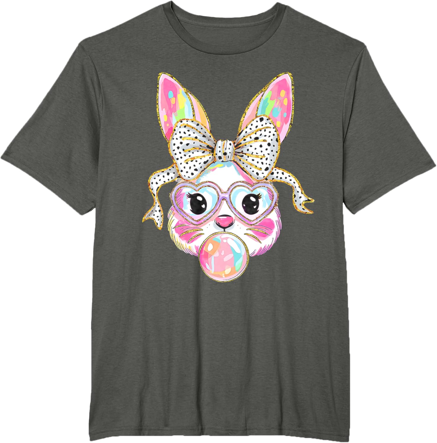 Cute Bunny Rabbit Face Coquette Bow Dot Happy Easter Day T-Shirt