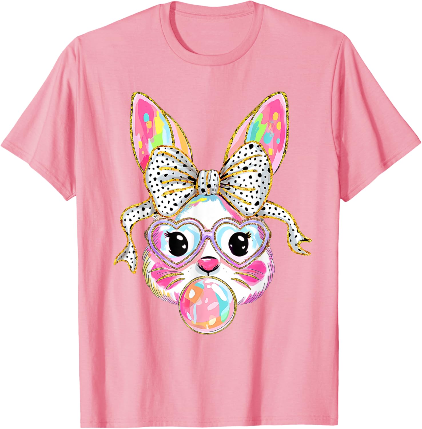 Cute Bunny Rabbit Face Coquette Bow Dot Happy Easter Day T-Shirt