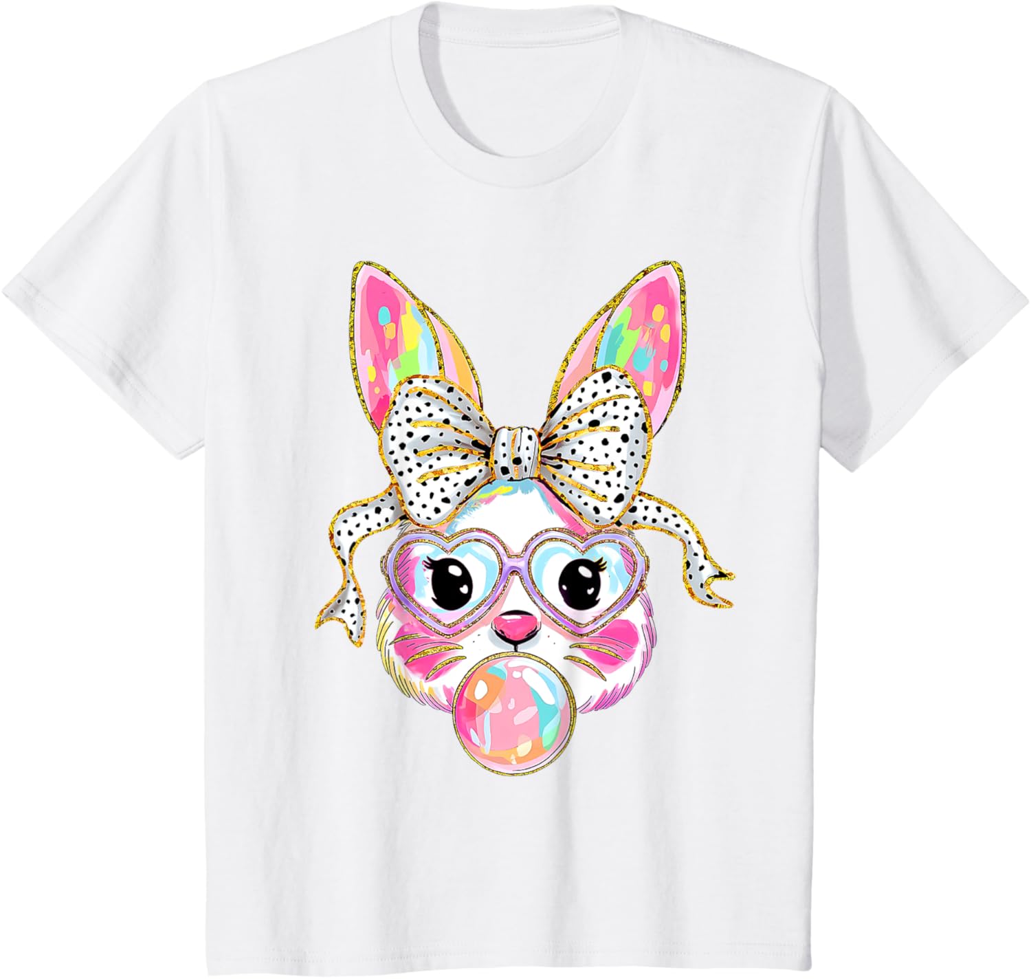 Cute Bunny Rabbit Face Coquette Bow Dot Happy Easter Day T-Shirt