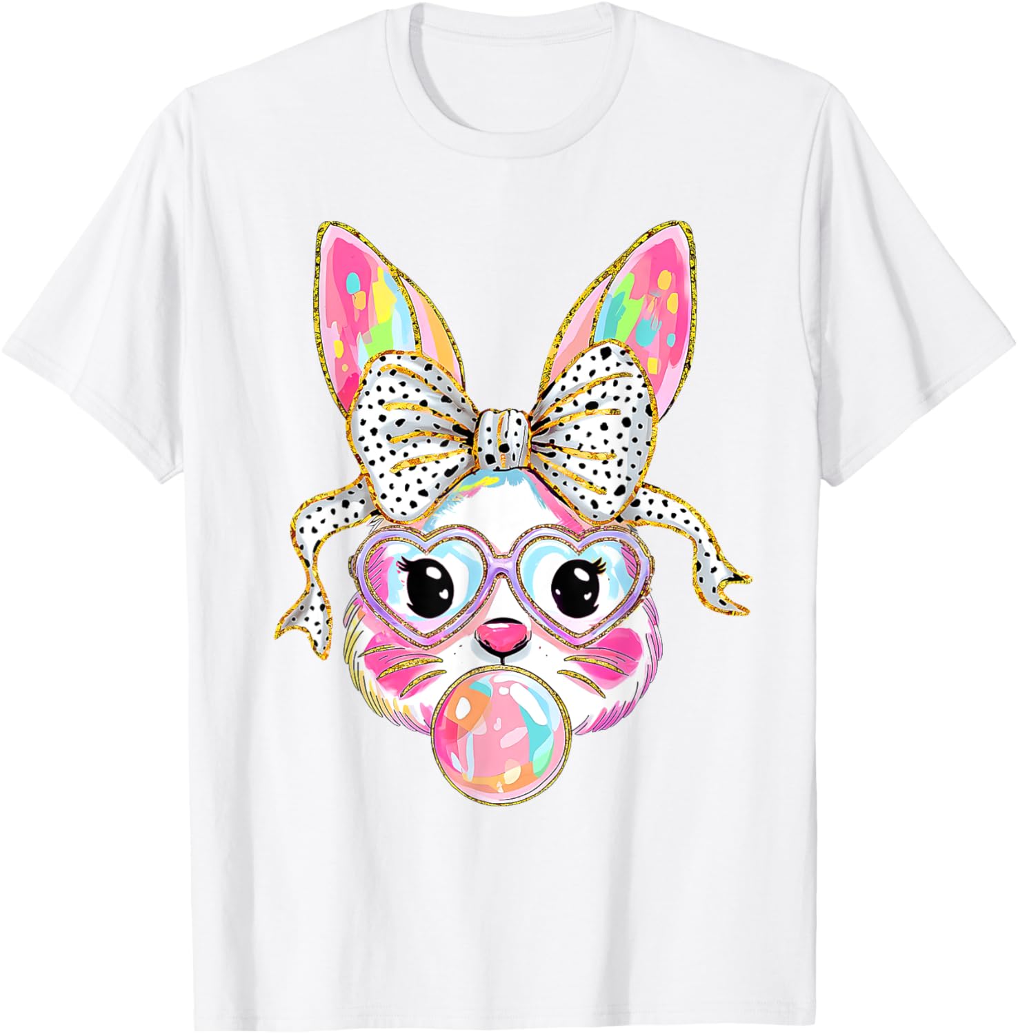 Cute Bunny Rabbit Face Coquette Bow Dot Happy Easter Day T-Shirt