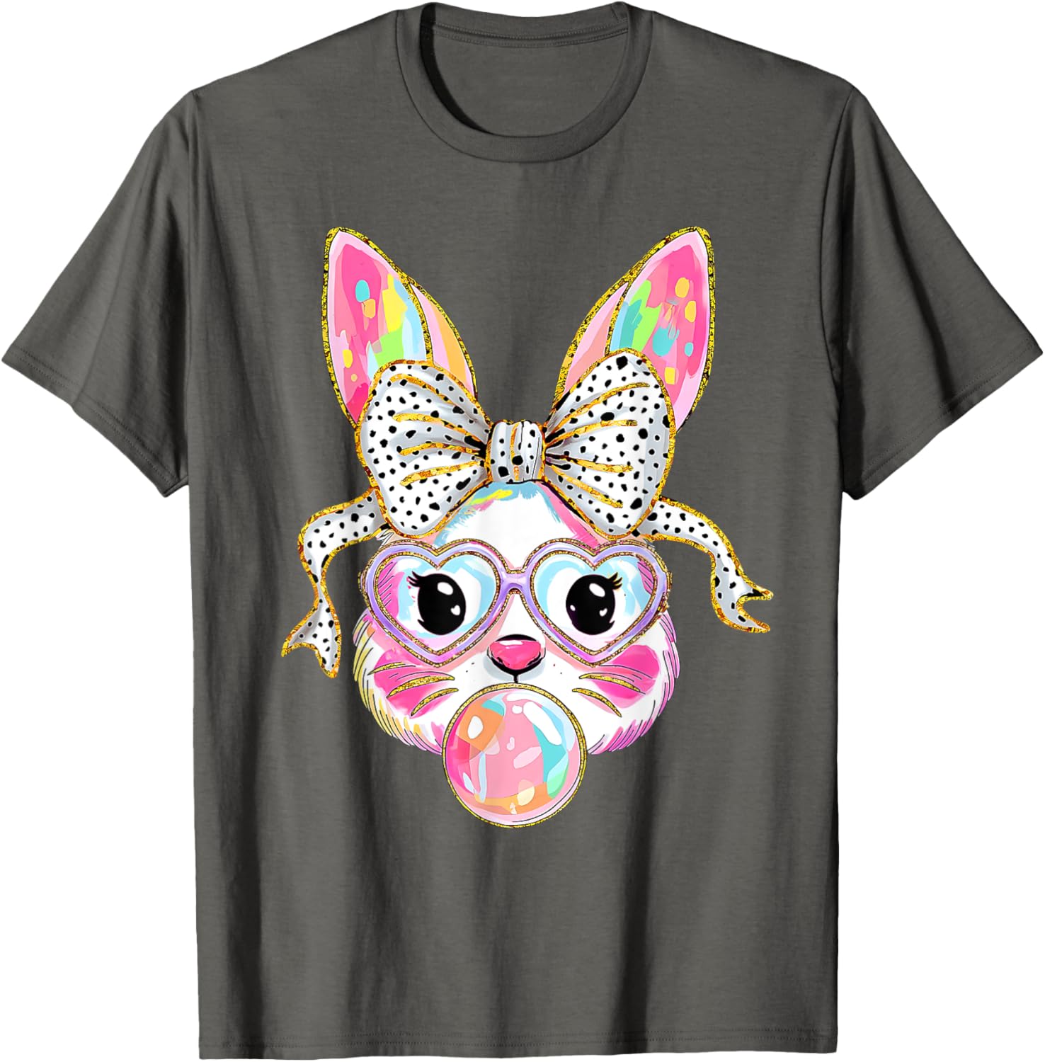 Cute Bunny Rabbit Face Coquette Bow Dot Happy Easter Day T-Shirt