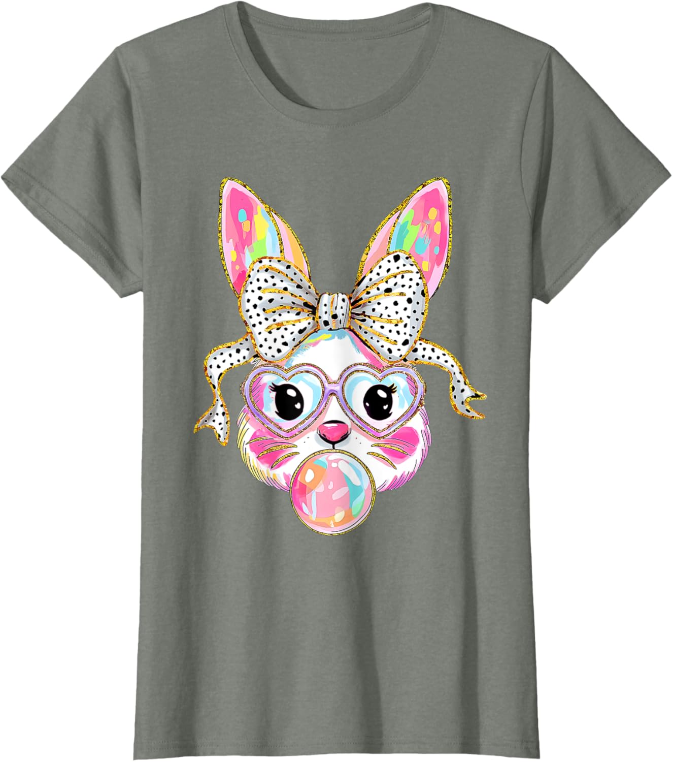 Cute Bunny Rabbit Face Coquette Bow Dot Happy Easter Day T-Shirt