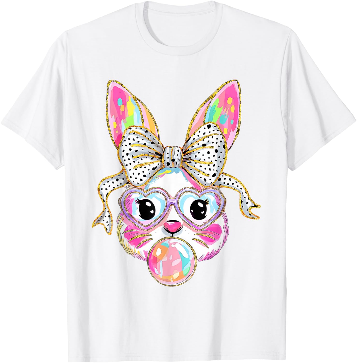 Cute Bunny Rabbit Face Coquette Bow Girl Happy Easter Day T-Shirt