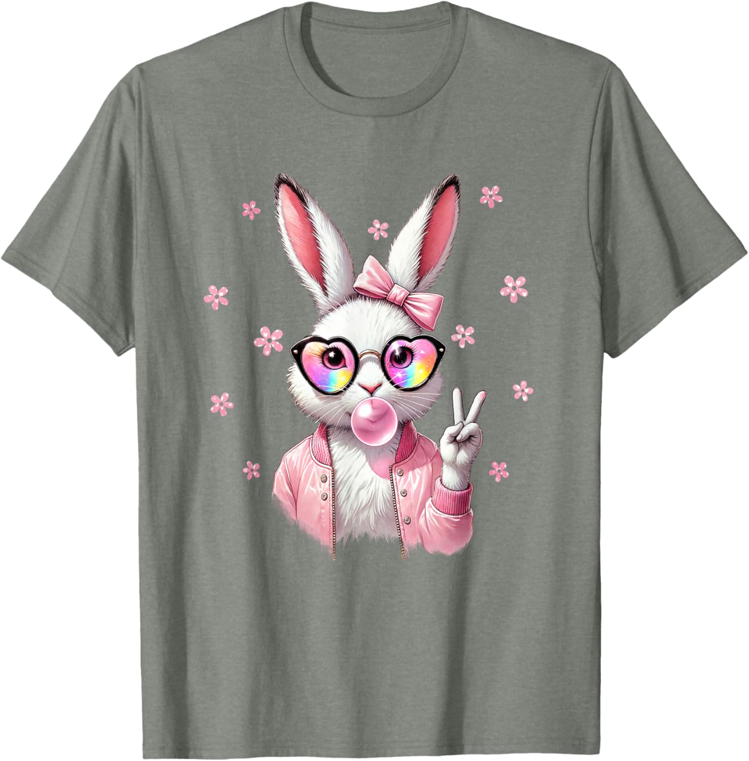 Cute Bunny Rabbit Face Leopard Coquette Bow Happy Easter Day T-Shirt