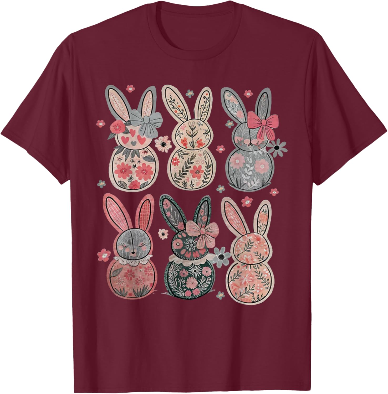 Cute Coquette Bow Easter Bunny Spring Flowers Pattern T-Shirt