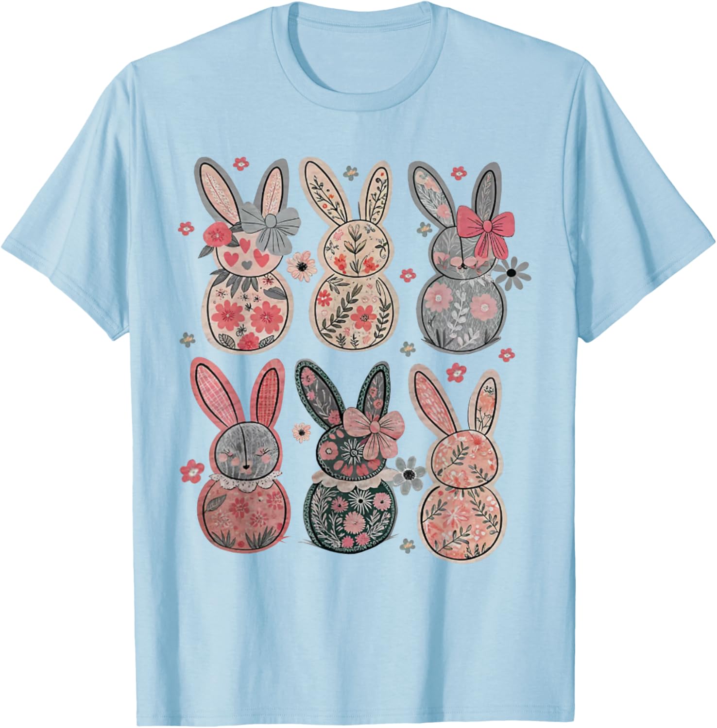 Cute Coquette Bow Easter Bunny Spring Flowers Pattern T-Shirt