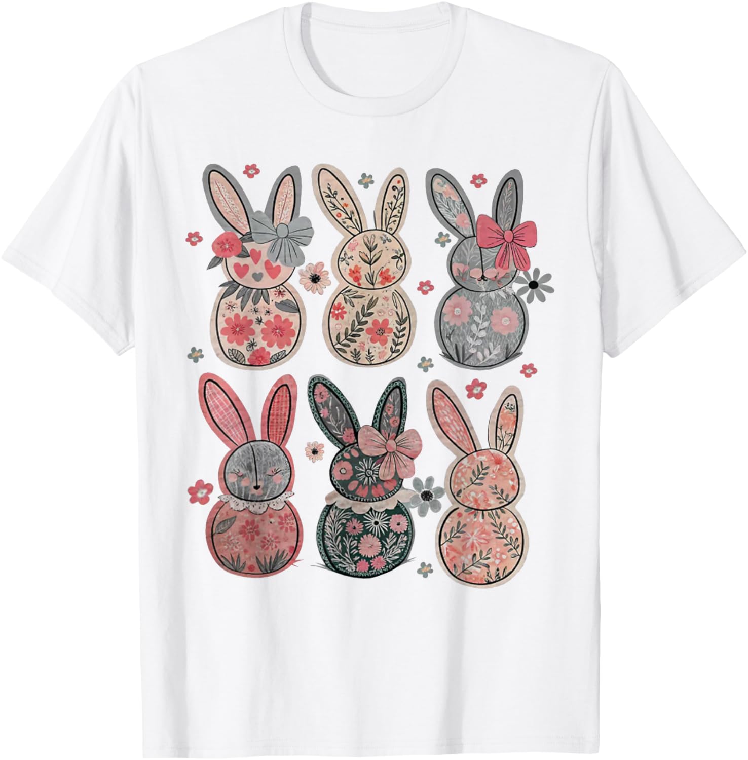 Cute Coquette Bow Easter Bunny Spring Flowers Pattern T-Shirt