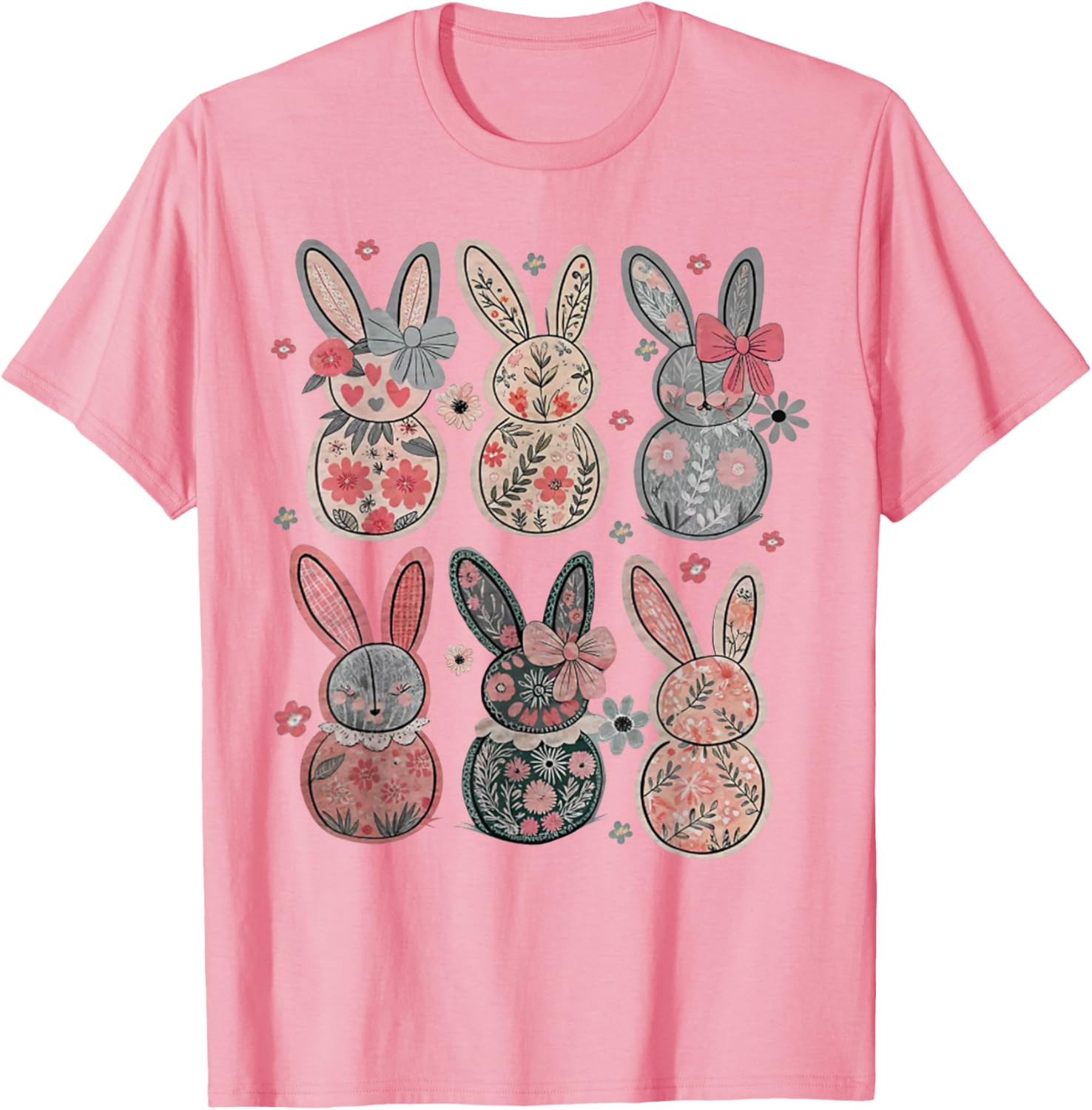 Cute Coquette Bow Easter Bunny Spring Flowers Pattern T-Shirt