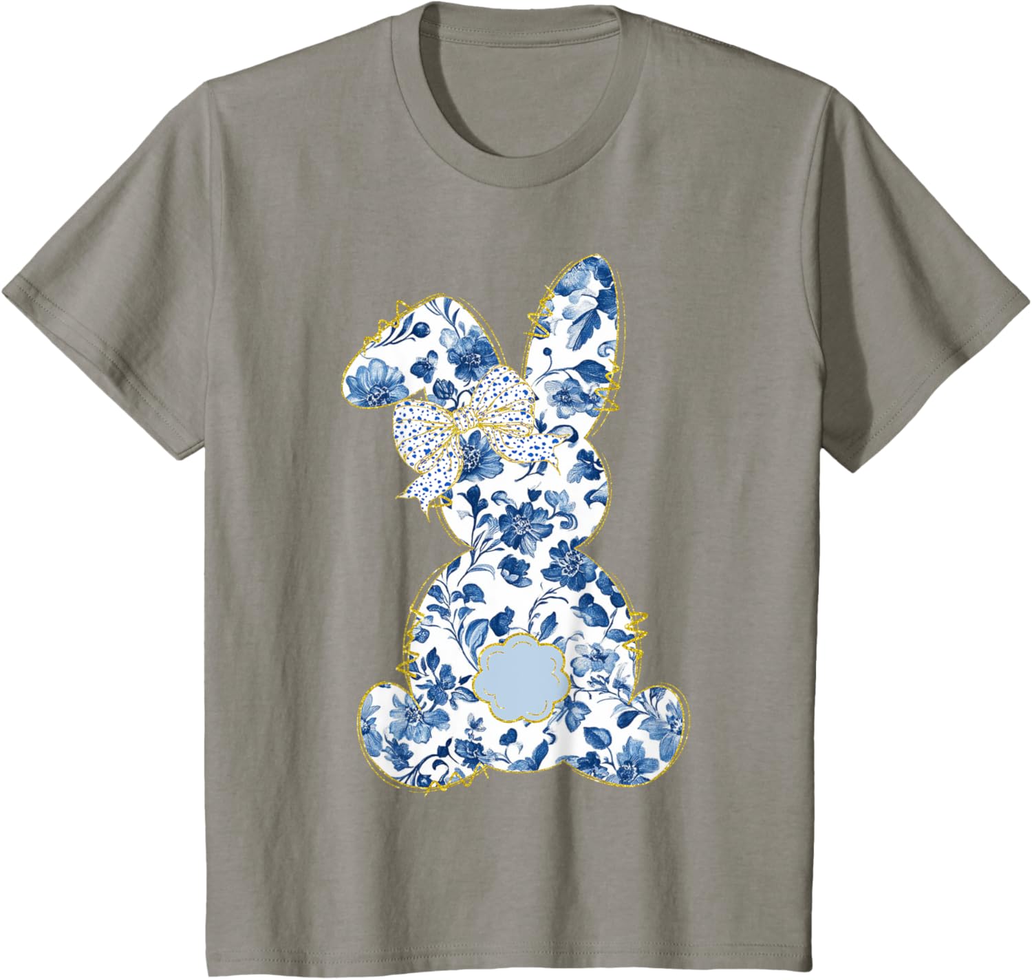 Cute Easter Toile Chinoiserie Blue Floral Bunny Coquette Bow T-Shirt