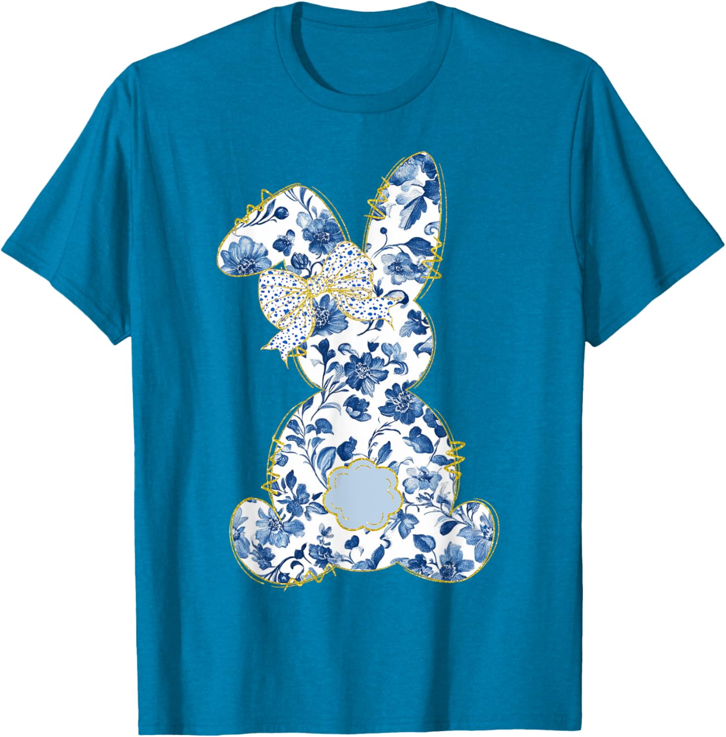 Cute Easter Toile Chinoiserie Blue Floral Bunny Coquette Bow T-Shirt