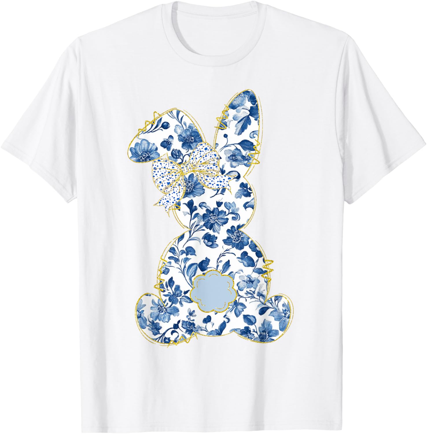 Cute Easter Toile Chinoiserie Blue Floral Bunny Coquette Bow T-Shirt