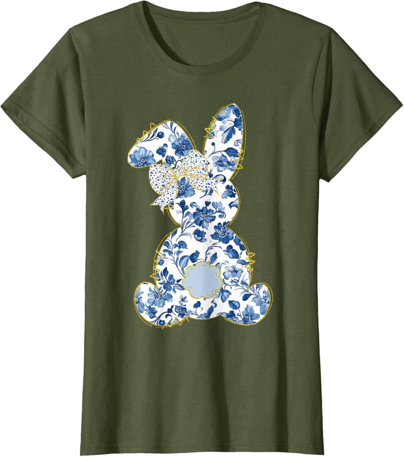 Cute Easter Toile Chinoiserie Blue Floral Bunny Coquette Bow T-Shirt