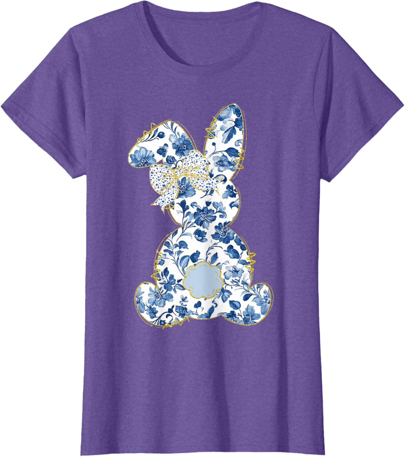 Cute Easter Toile Chinoiserie Blue Floral Bunny Coquette Bow T-Shirt