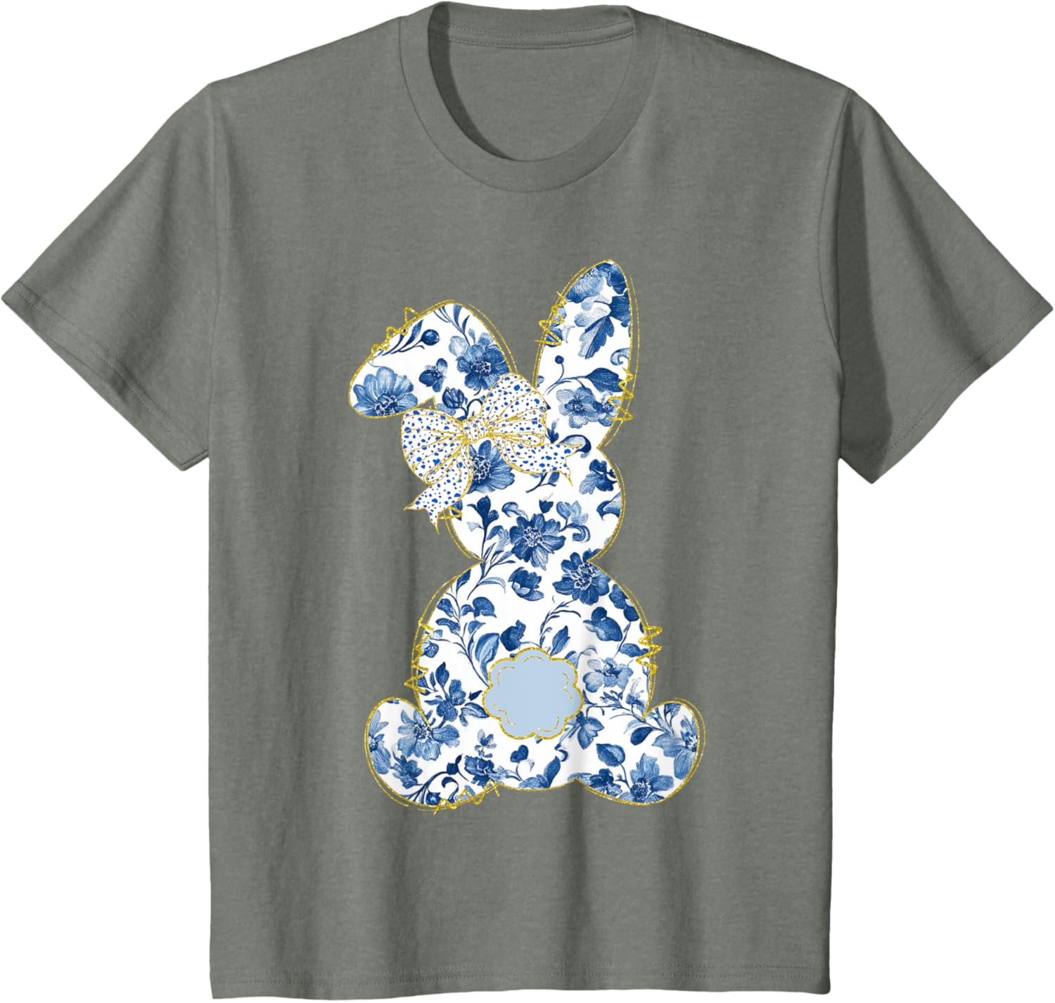 Cute Easter Toile Chinoiserie Blue Floral Bunny Coquette Bow T-Shirt