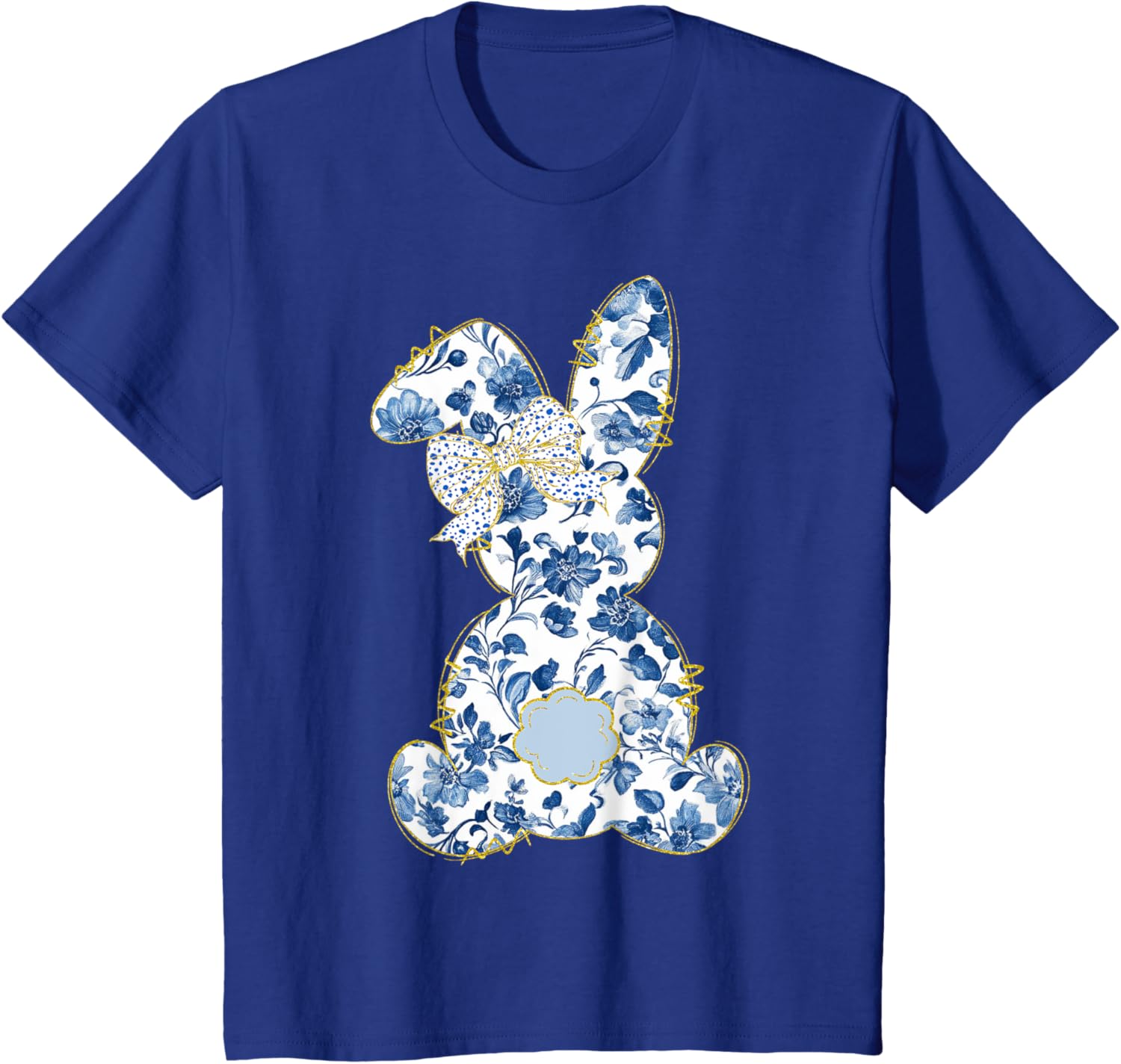 Cute Easter Toile Chinoiserie Blue Floral Bunny Coquette Bow T-Shirt