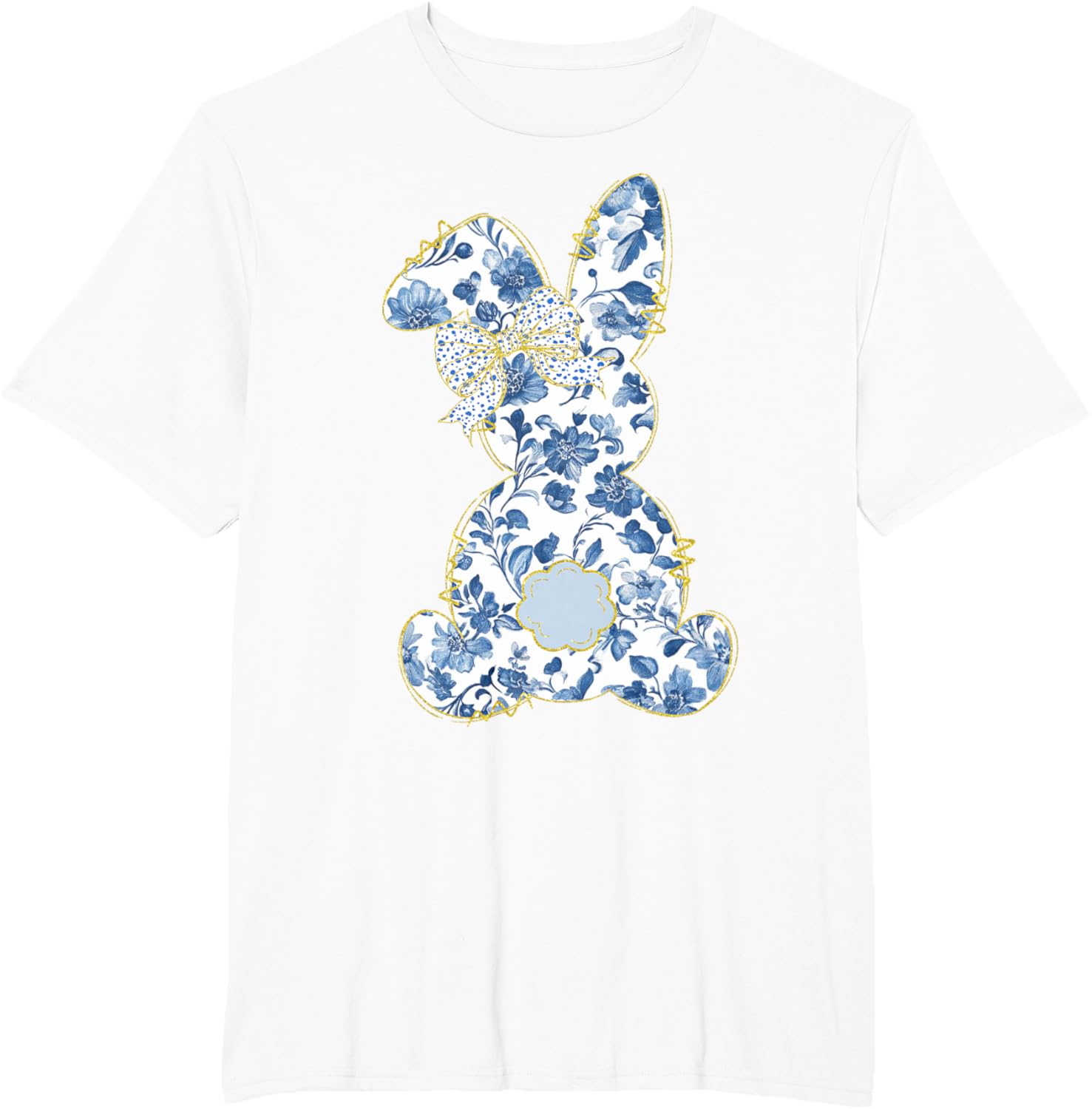 Cute Easter Toile Chinoiserie Blue Floral Bunny Coquette Bow T-Shirt