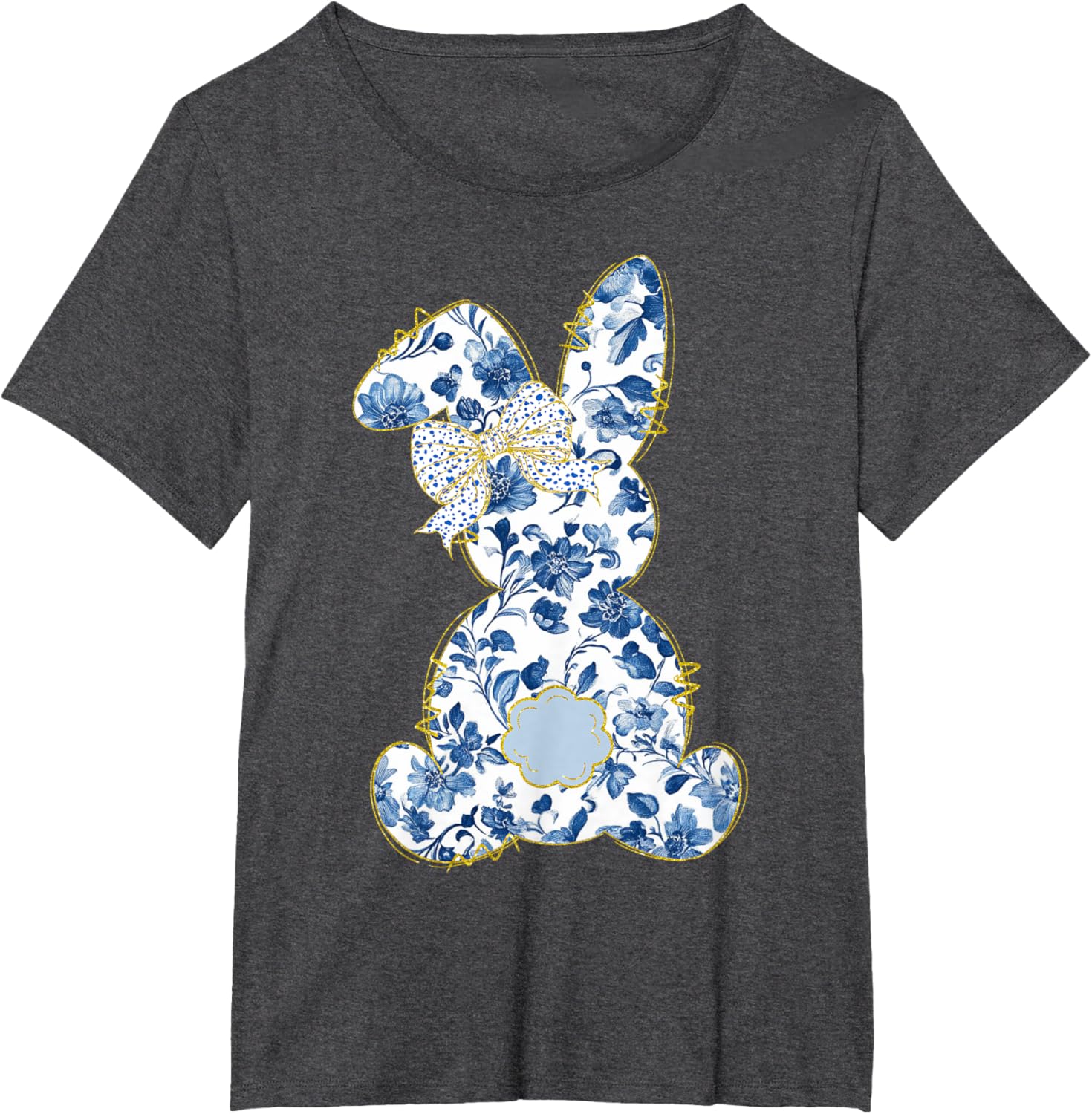 Cute Easter Toile Chinoiserie Blue Floral Bunny Coquette Bow T-Shirt