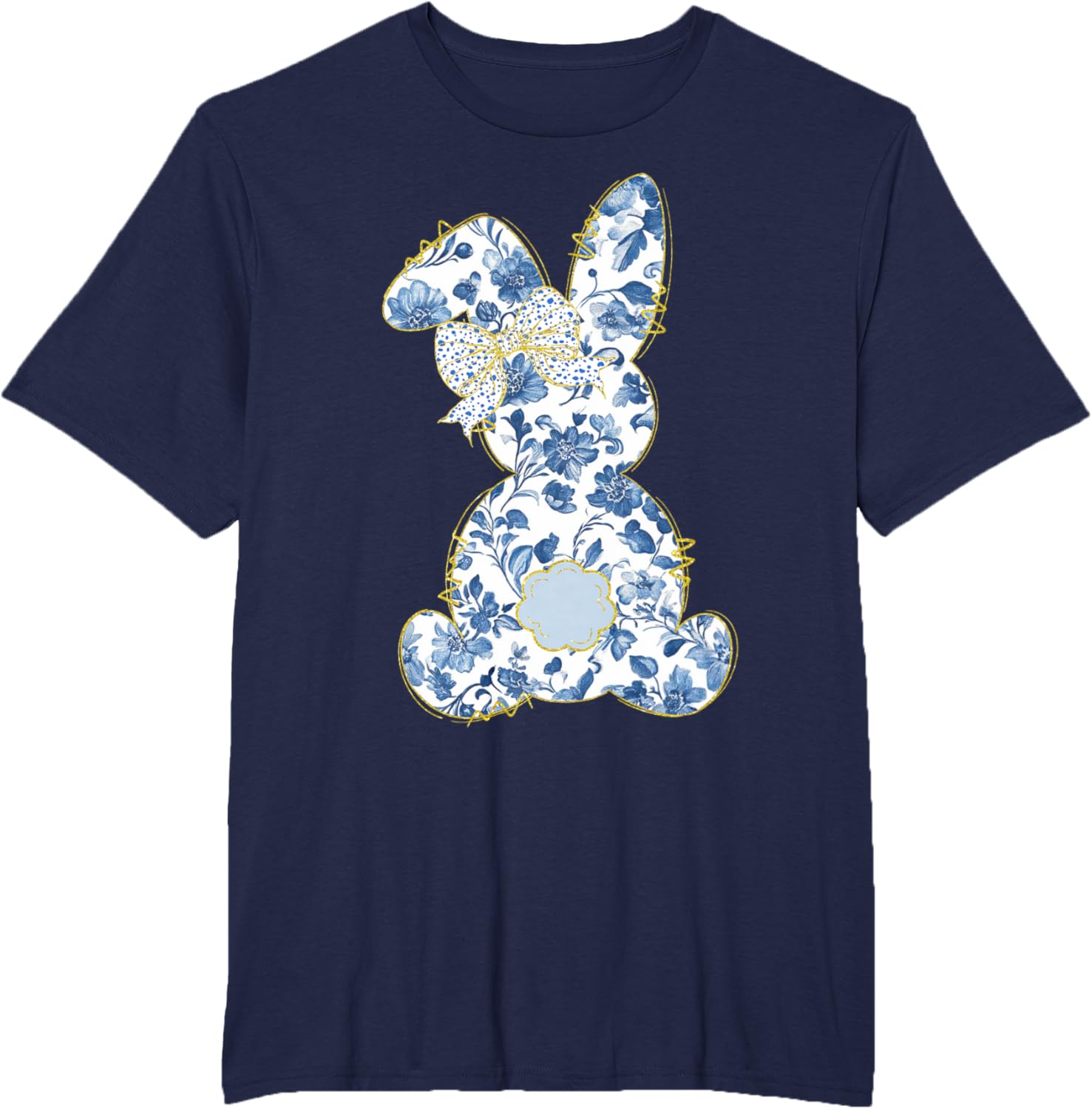 Cute Easter Toile Chinoiserie Blue Floral Bunny Coquette Bow T-Shirt