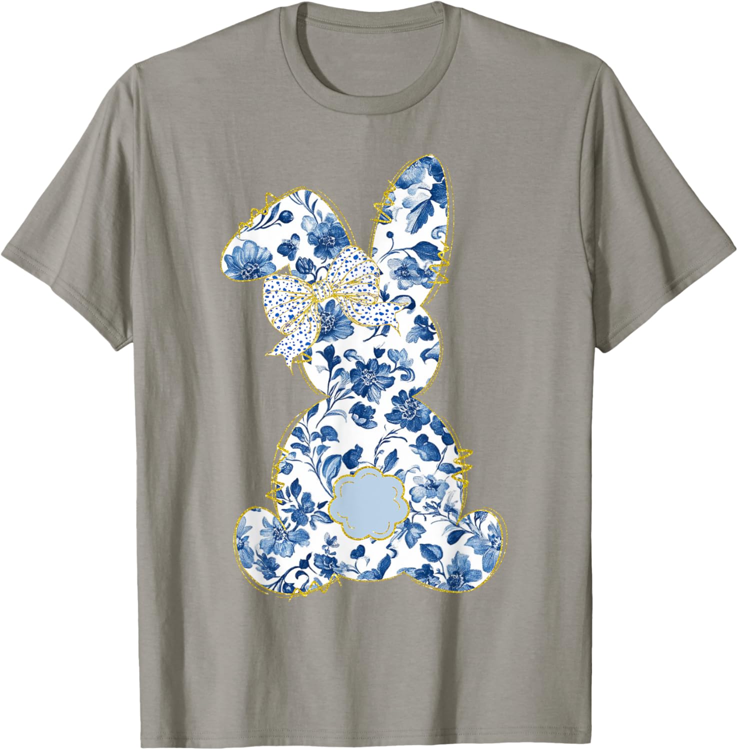 Cute Easter Toile Chinoiserie Blue Floral Bunny Coquette Bow T-Shirt