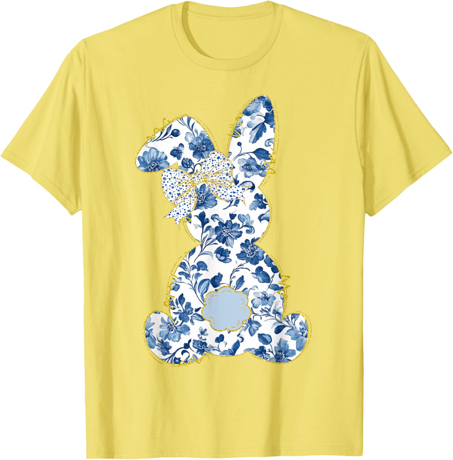 Cute Easter Toile Chinoiserie Blue Floral Bunny Coquette Bow T-Shirt