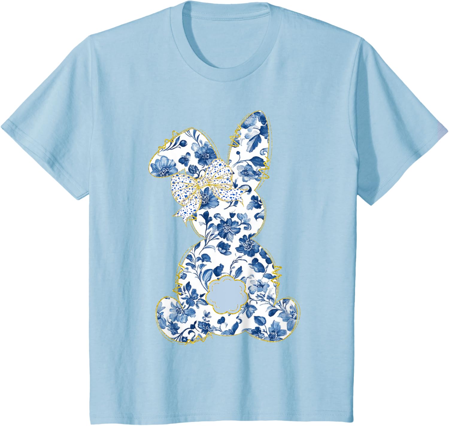 Cute Easter Toile Chinoiserie Blue Floral Bunny Coquette Bow T-Shirt