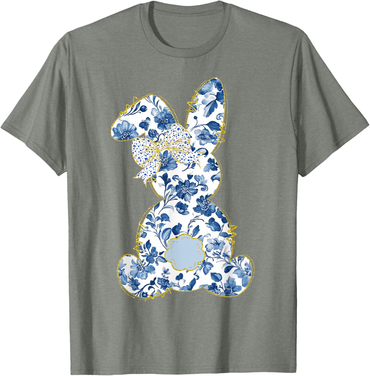 Cute Easter Toile Chinoiserie Blue Floral Bunny Coquette Bow T-Shirt