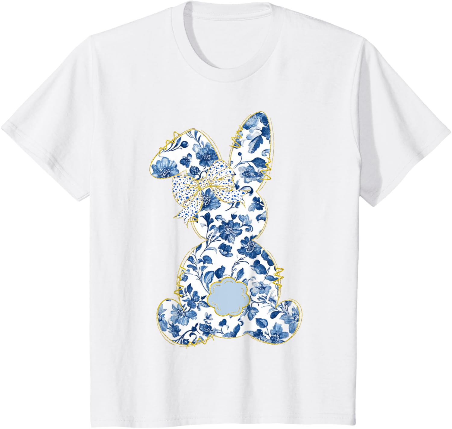 Cute Easter Toile Chinoiserie Blue Floral Bunny Coquette Bow T-Shirt