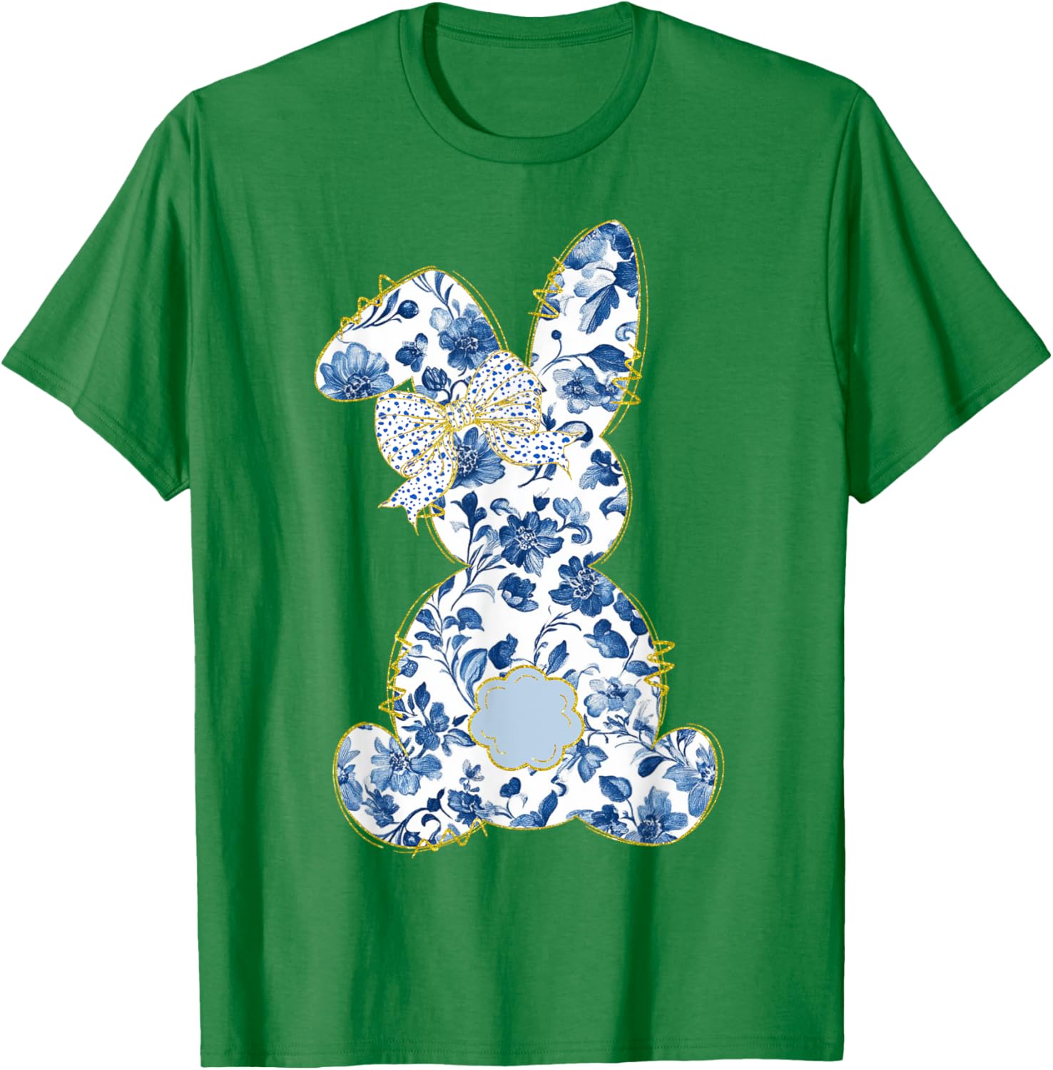 Cute Easter Toile Chinoiserie Blue Floral Bunny Coquette Bow T-Shirt