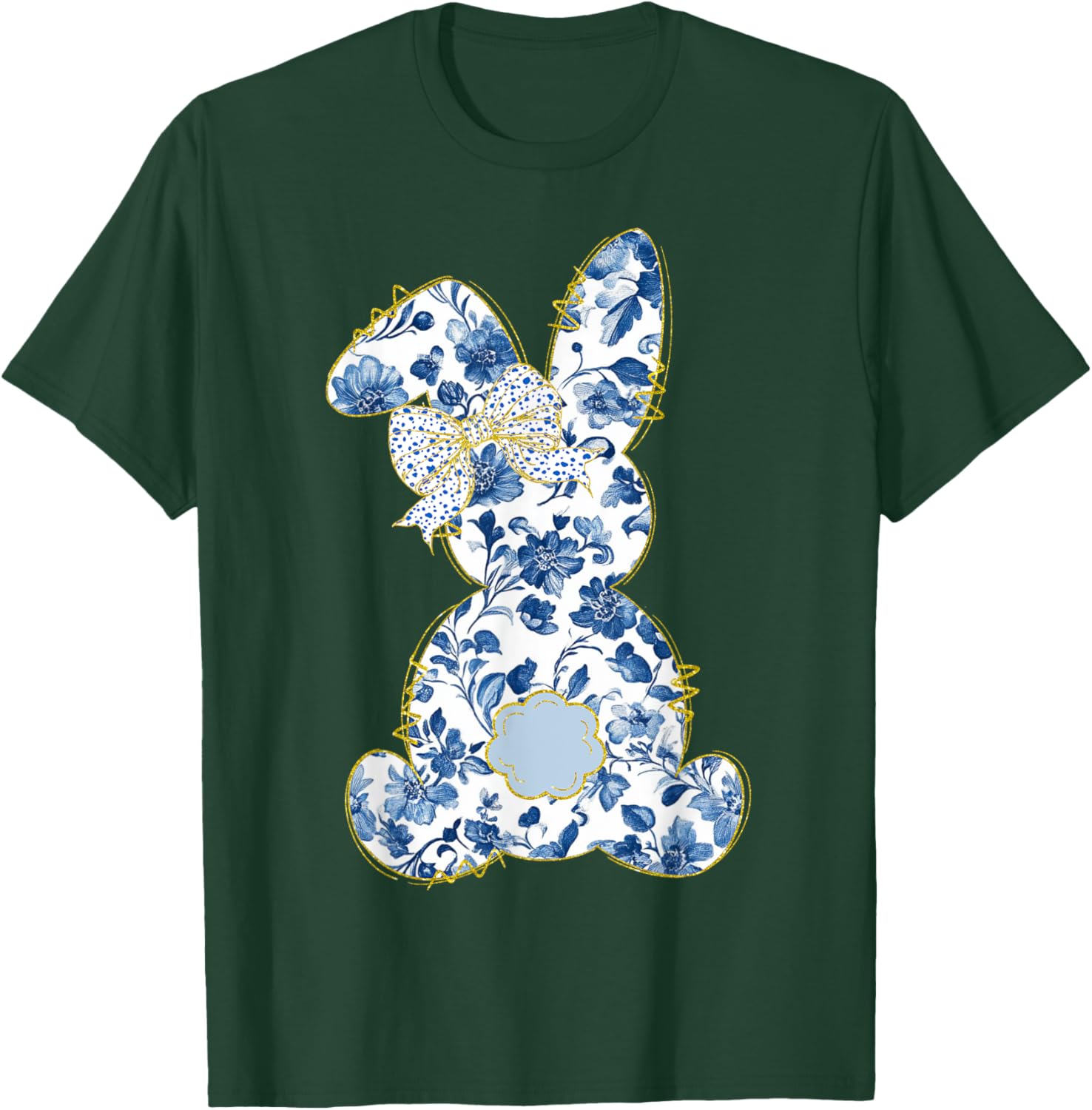 Cute Easter Toile Chinoiserie Blue Floral Bunny Coquette Bow T-Shirt