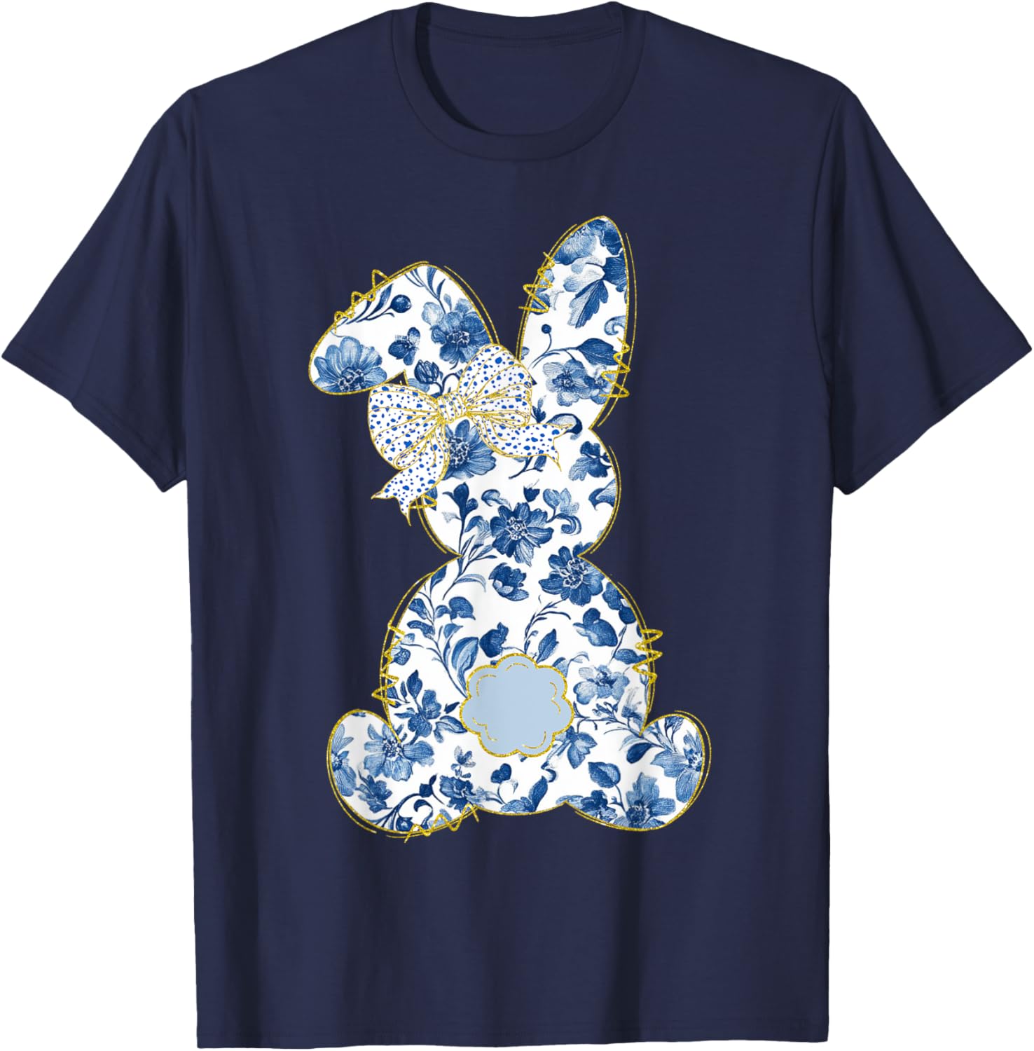 Cute Easter Toile Chinoiserie Blue Floral Bunny Coquette Bow T-Shirt