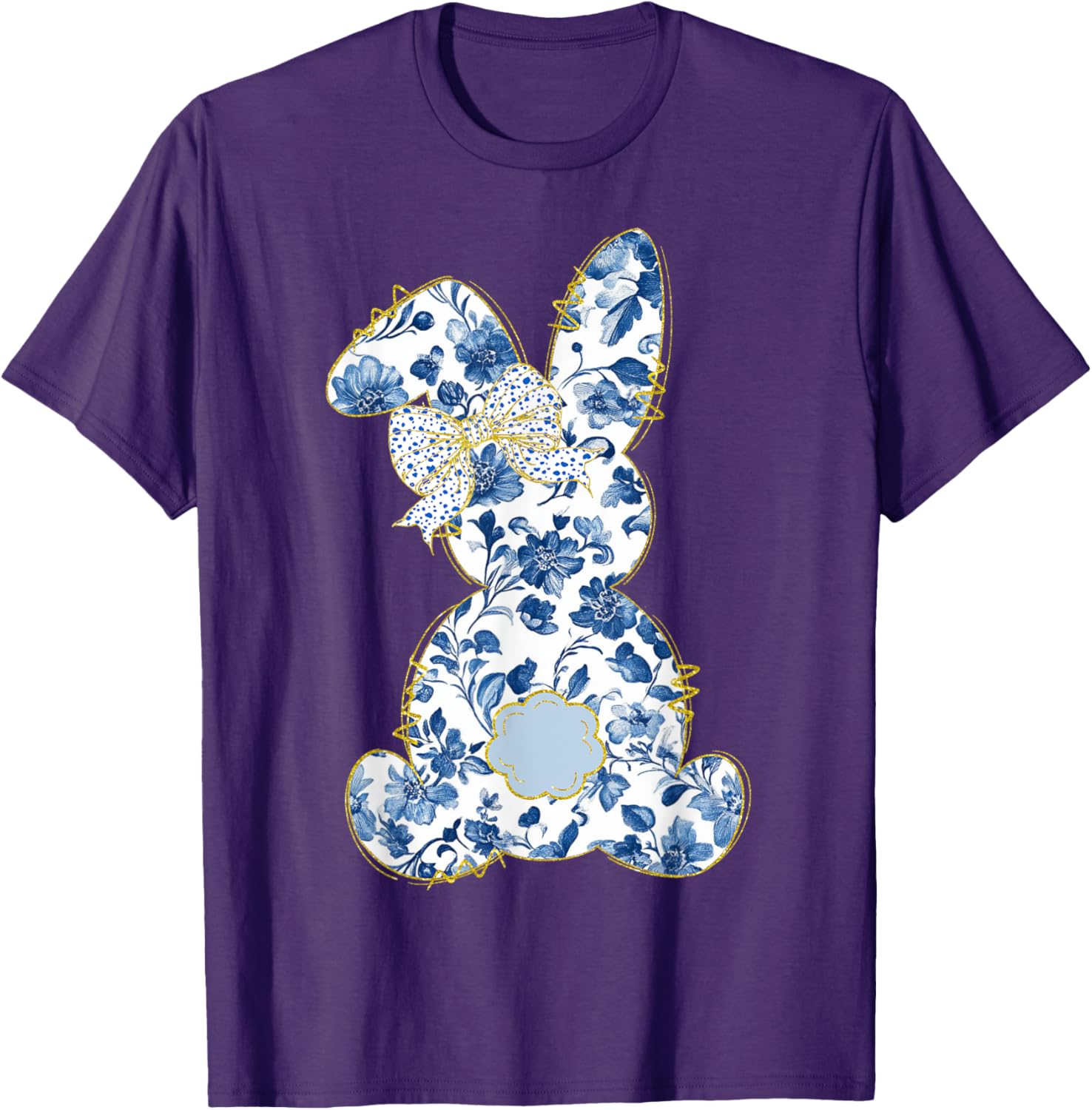 Cute Easter Toile Chinoiserie Blue Floral Bunny Coquette Bow T-Shirt