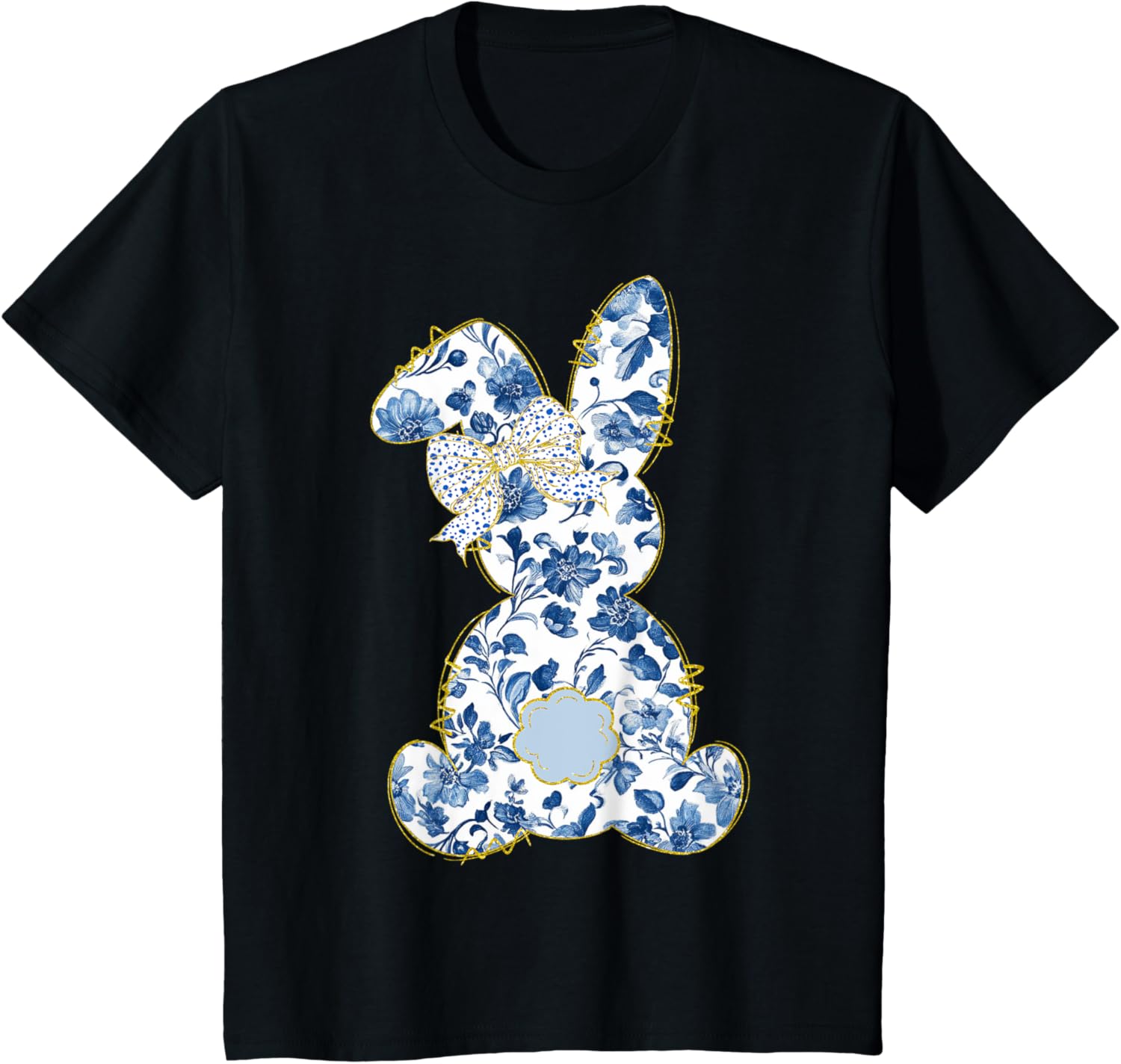 Cute Easter Toile Chinoiserie Blue Floral Bunny Coquette Bow T-Shirt