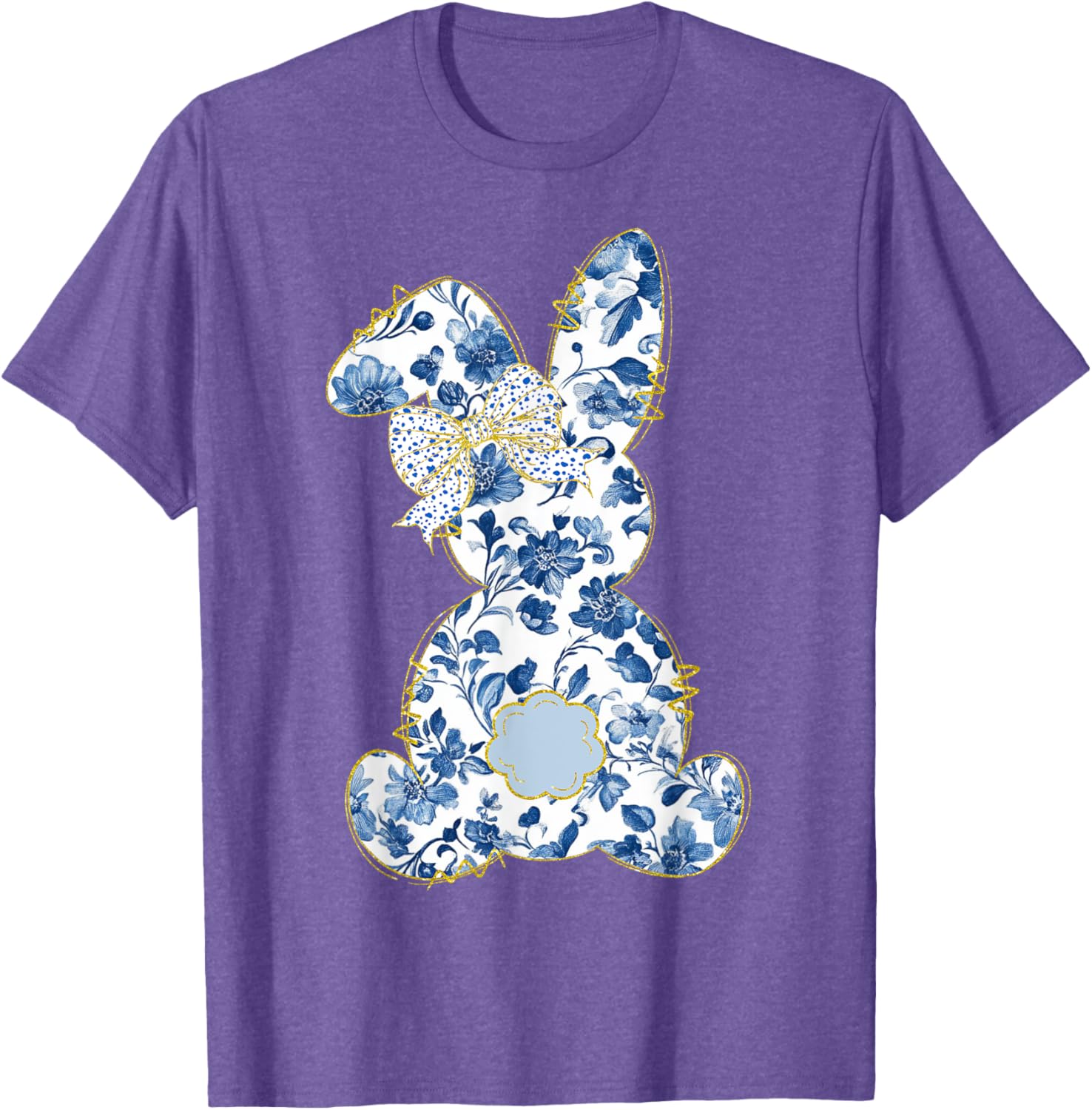 Cute Easter Toile Chinoiserie Blue Floral Bunny Coquette Bow T-Shirt